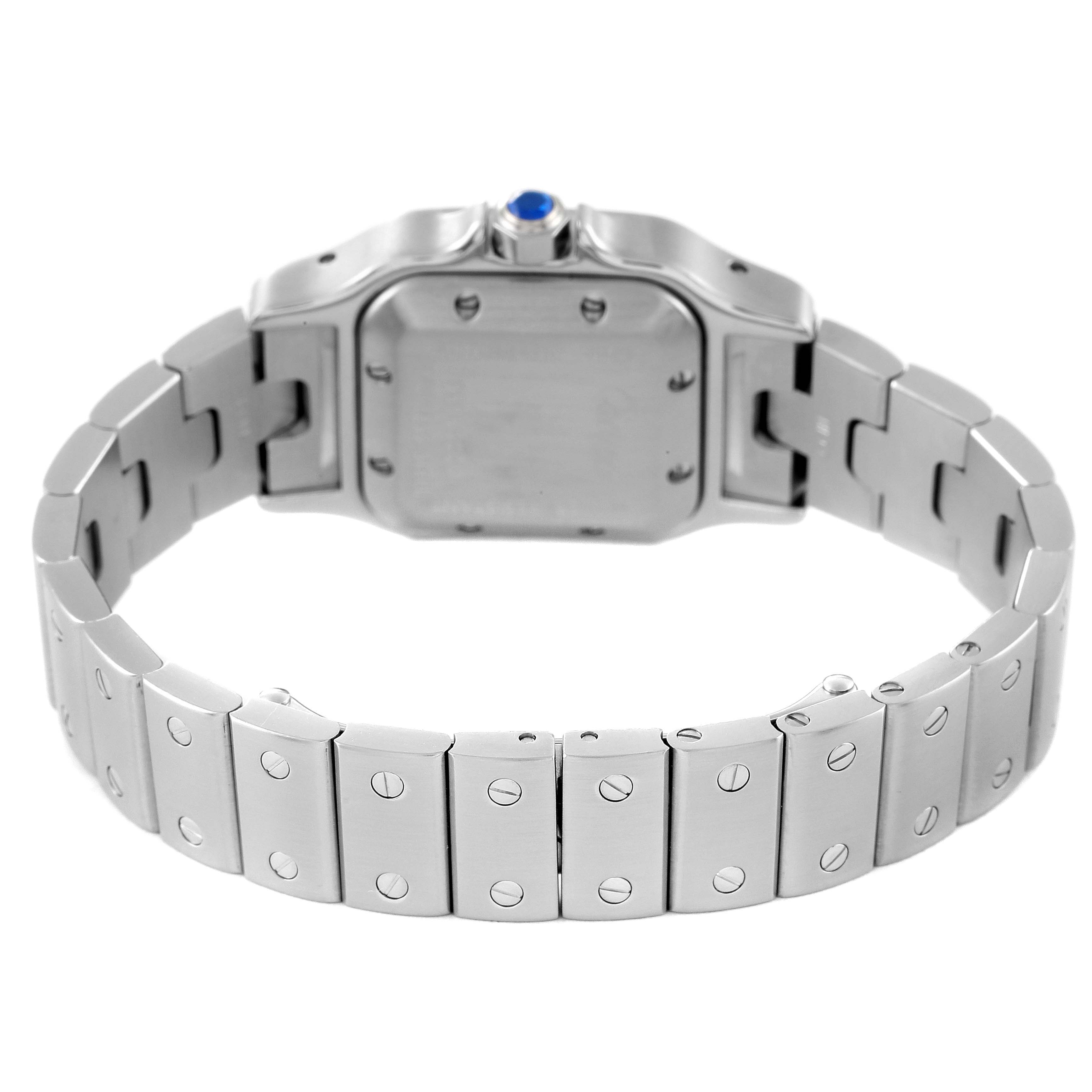 The image shows the back view of the Cartier Santos W20054D6 Women's Stainless Steel Silver Dial W20054D6 Women's Stainless Steel Silver Dial watch with a stainless steel bracelet and iconic screws.