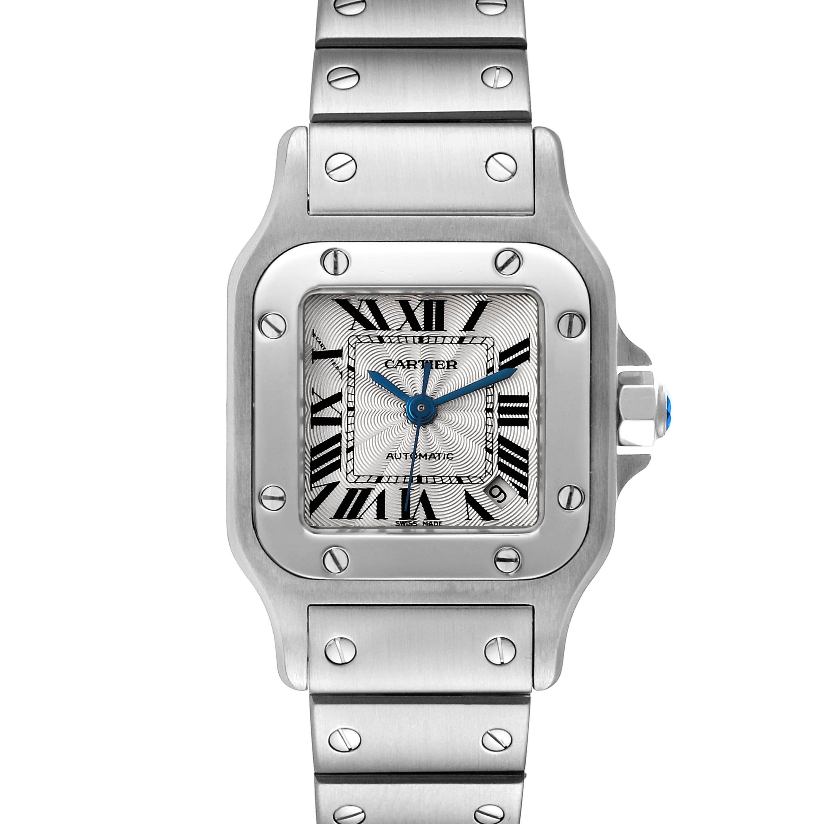 This image shows a frontal view of a Cartier Santos W20054D6 Women's Stainless Steel Silver Dial W20054D6 Women's Stainless Steel Silver Dial watch, displaying its face, bezel, crown, and part of the bracelet.
