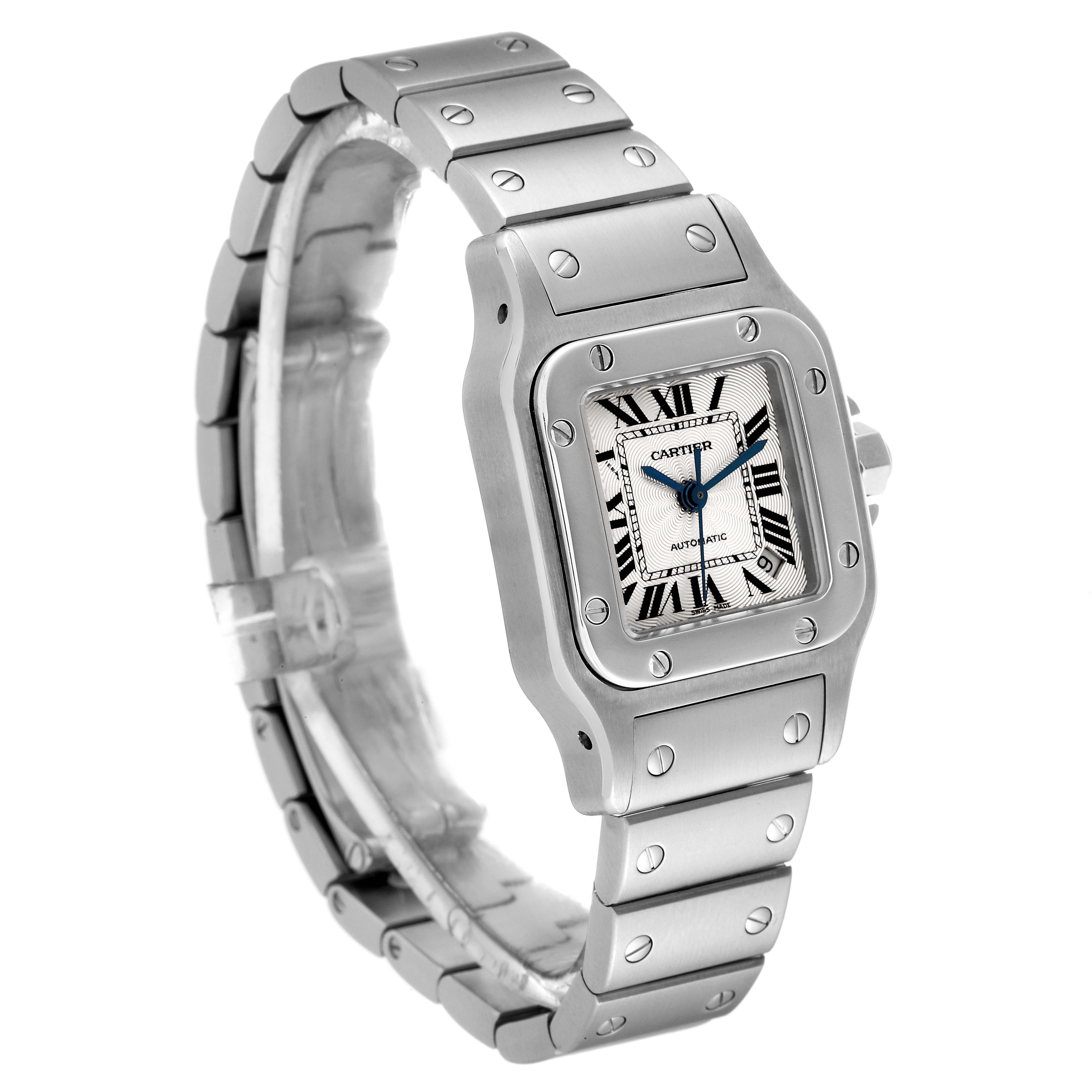 The image shows an angled view of a Cartier Santos W20054D6 Women's Stainless Steel Silver Dial W20054D6 Women's Stainless Steel Silver Dial watch, highlighting its bezel, face, and bracelet.
