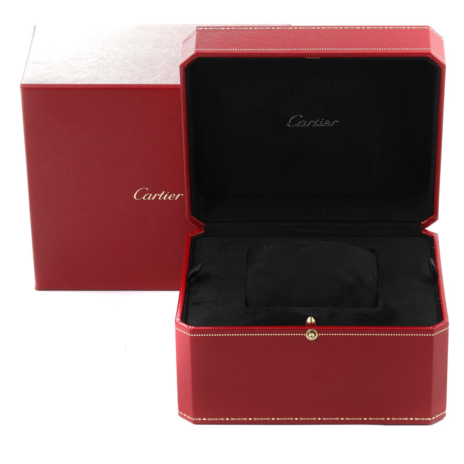 The image shows an open red Cartier watch box for the Santos model, displaying its interior padding and exterior case from a front angle.