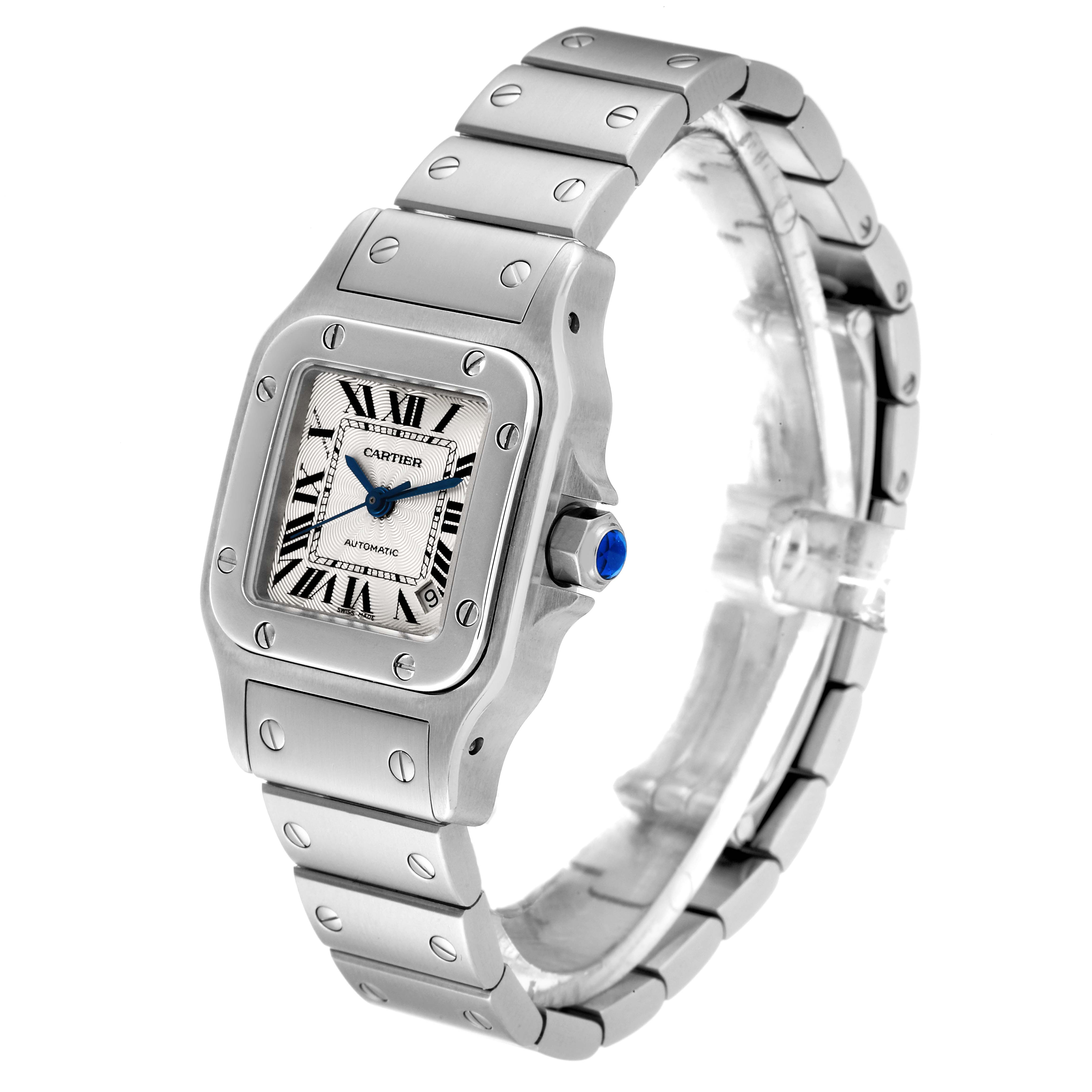 This image shows a Cartier Santos W20054D6 Women's Stainless Steel Silver Dial W20054D6 Women's Stainless Steel Silver Dial model watch from an angled view, highlighting its face, bracelet, and crown.