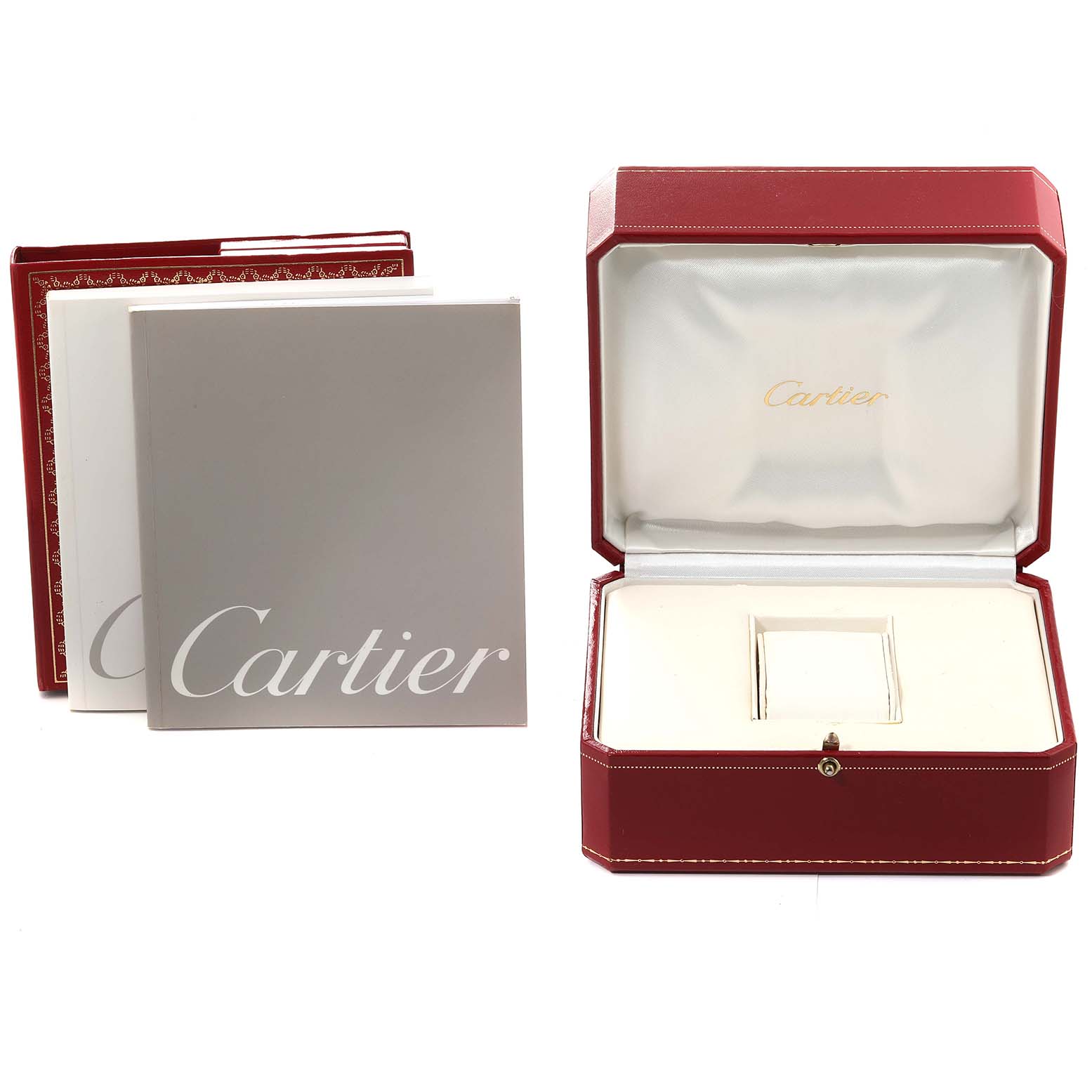 The image shows the Cartier Santos W20058C4 Women's Steel and Gold (two tone) Silver Dial W20058C4 Women's Steel and Gold (two tone) Silver Dial watch packaging, including the red case and accompanying booklets.