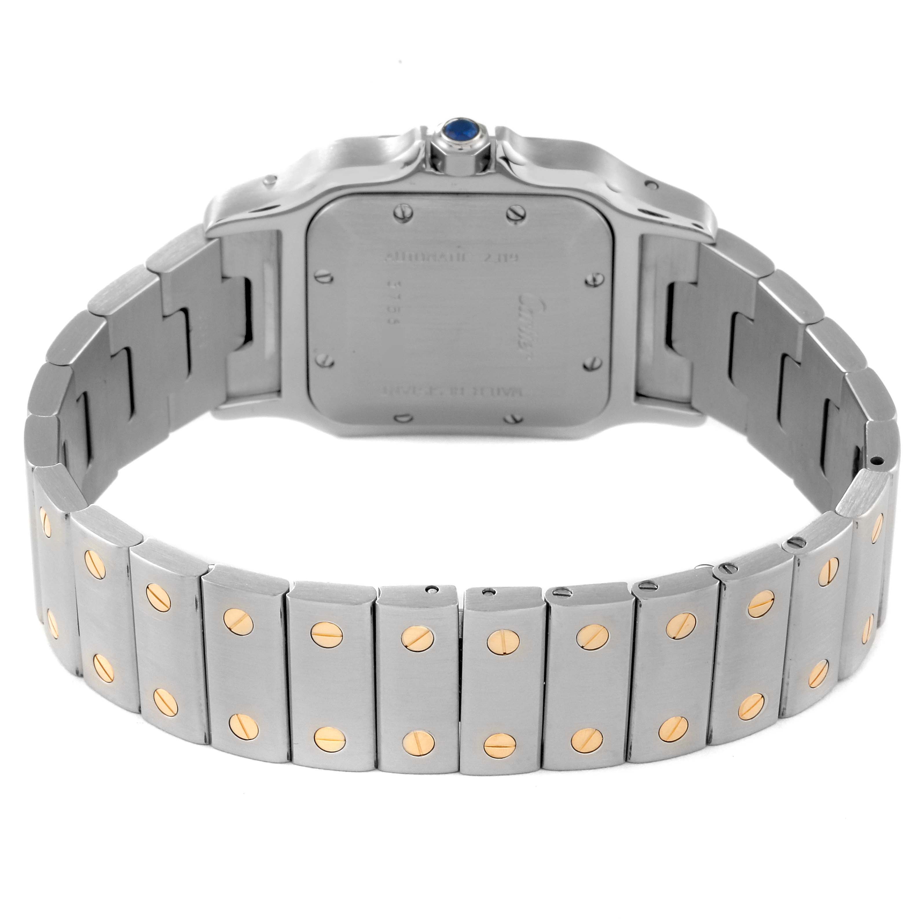 The image shows the backside and bracelet of a Cartier Santos W20058C4 Women's Steel and Gold (two tone) Silver Dial W20058C4 Women's Steel and Gold (two tone) Silver Dial watch in a rear angle view.