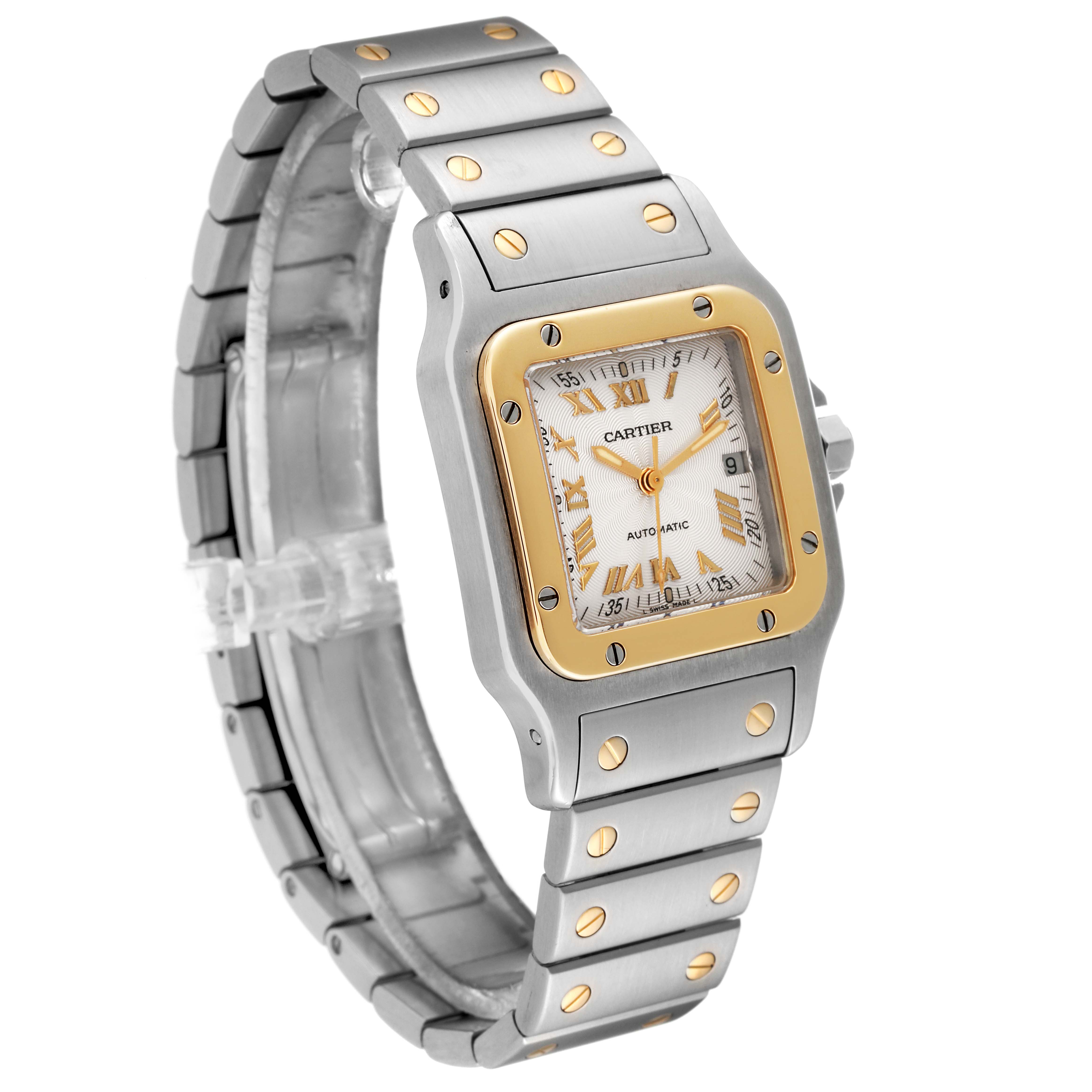 The Cartier Santos W20058C4 Women's Steel and Gold (two tone) Silver Dial W20058C4 Women's Steel and Gold (two tone) Silver Dial watch is shown from a three-quarter frontal angle, highlighting the face, bezel, and bracelet.