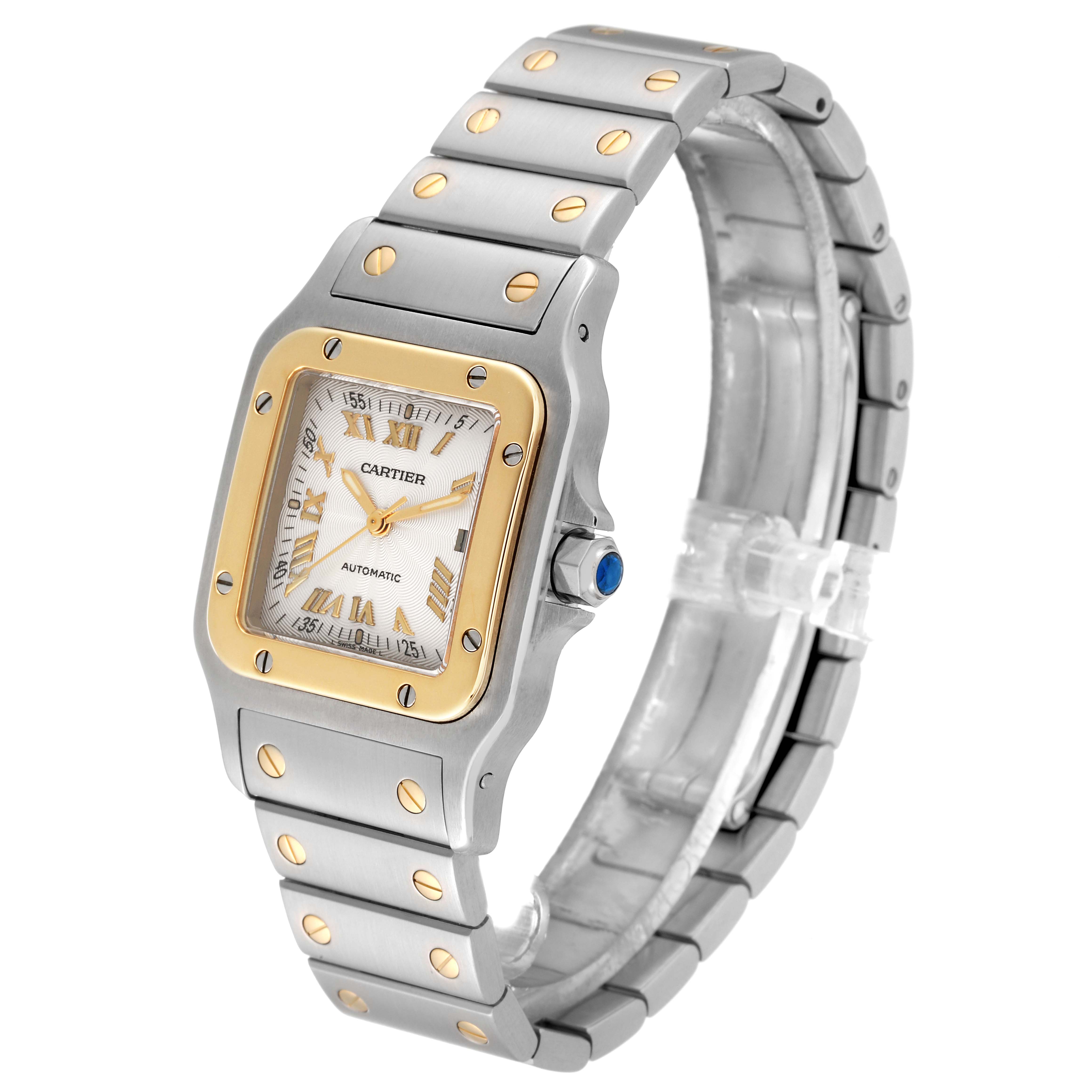 This image shows a Cartier Santos W20058C4 Women's Steel and Gold (two tone) Silver Dial W20058C4 Women's Steel and Gold (two tone) Silver Dial watch angled to display the face, bezel, crown, and bracelet.