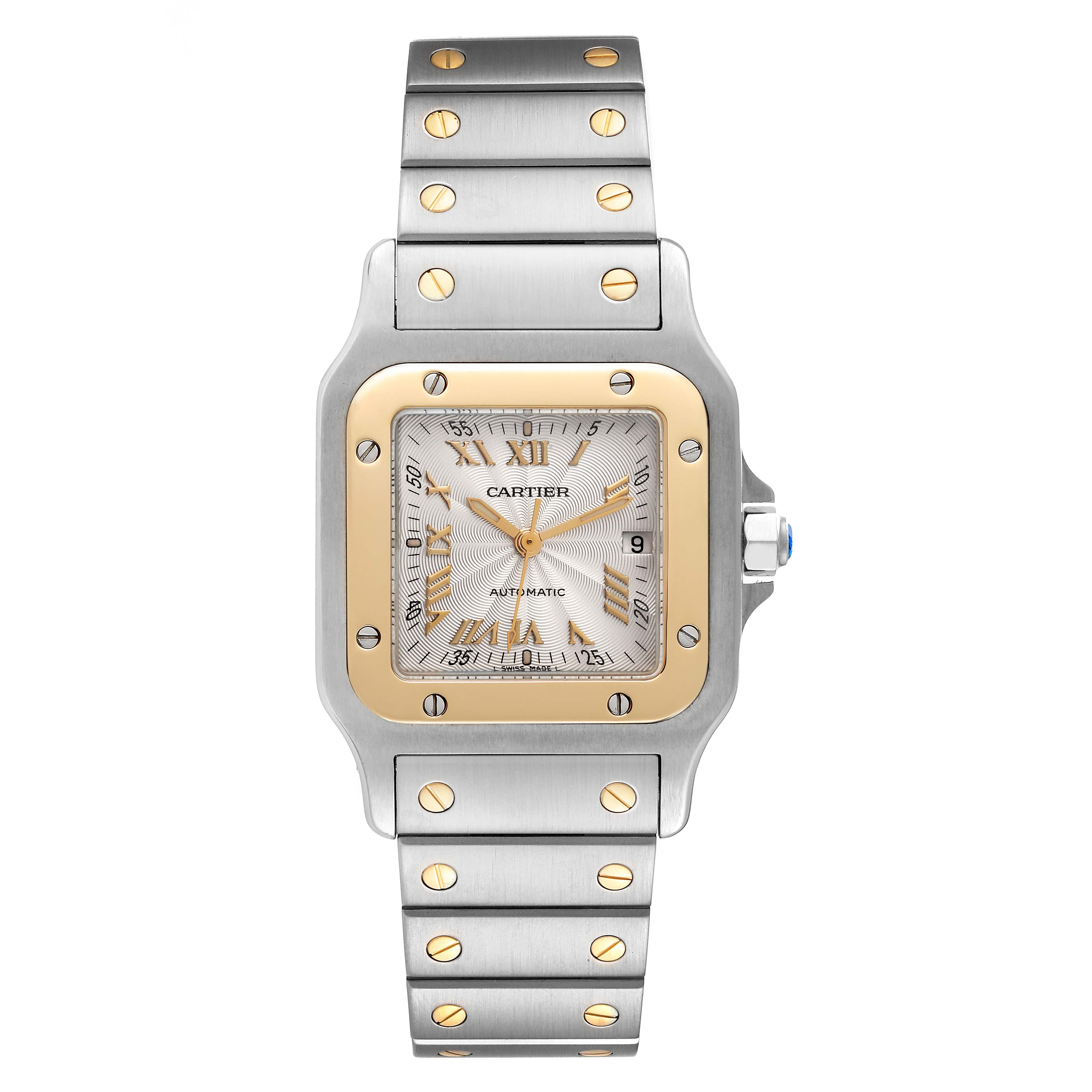 The Cartier Santos W20058C4 Women's Steel and Gold (two tone) Silver Dial W20058C4 Women's Steel and Gold (two tone) Silver Dial watch is shown from a front angle, displaying its face, bezel, and bracelet.