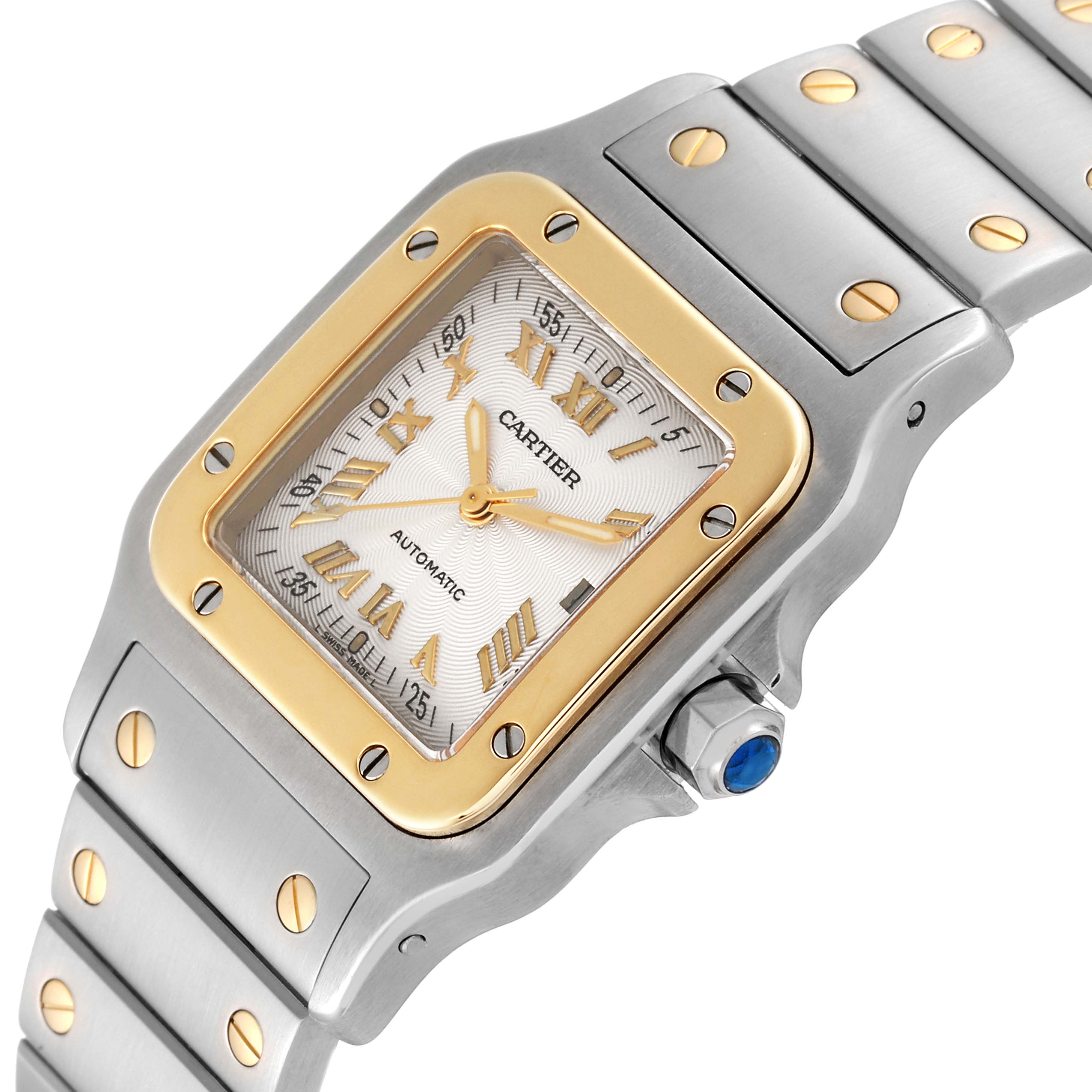 The image shows a close-up of the face and part of the bracelet of a Cartier Santos W20058C4 Women's Steel and Gold (two tone) Silver Dial W20058C4 Women's Steel and Gold (two tone) Silver Dial watch.