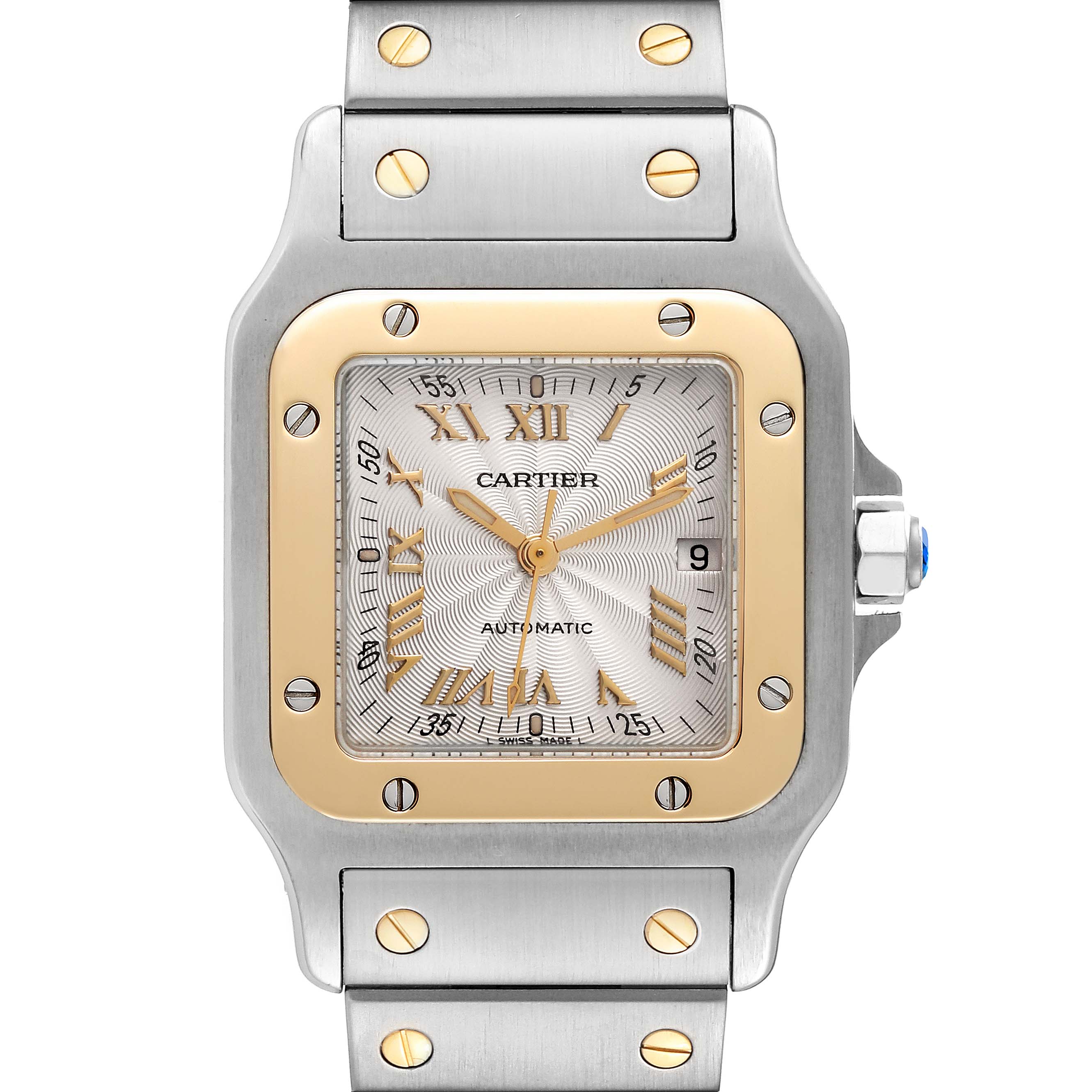 The image shows a front view of a Cartier Santos W20058C4 Women's Steel and Gold (two tone) Silver Dial W20058C4 Women's Steel and Gold (two tone) Silver Dial watch, highlighting the dial, bezel, and a portion of the bracelet.