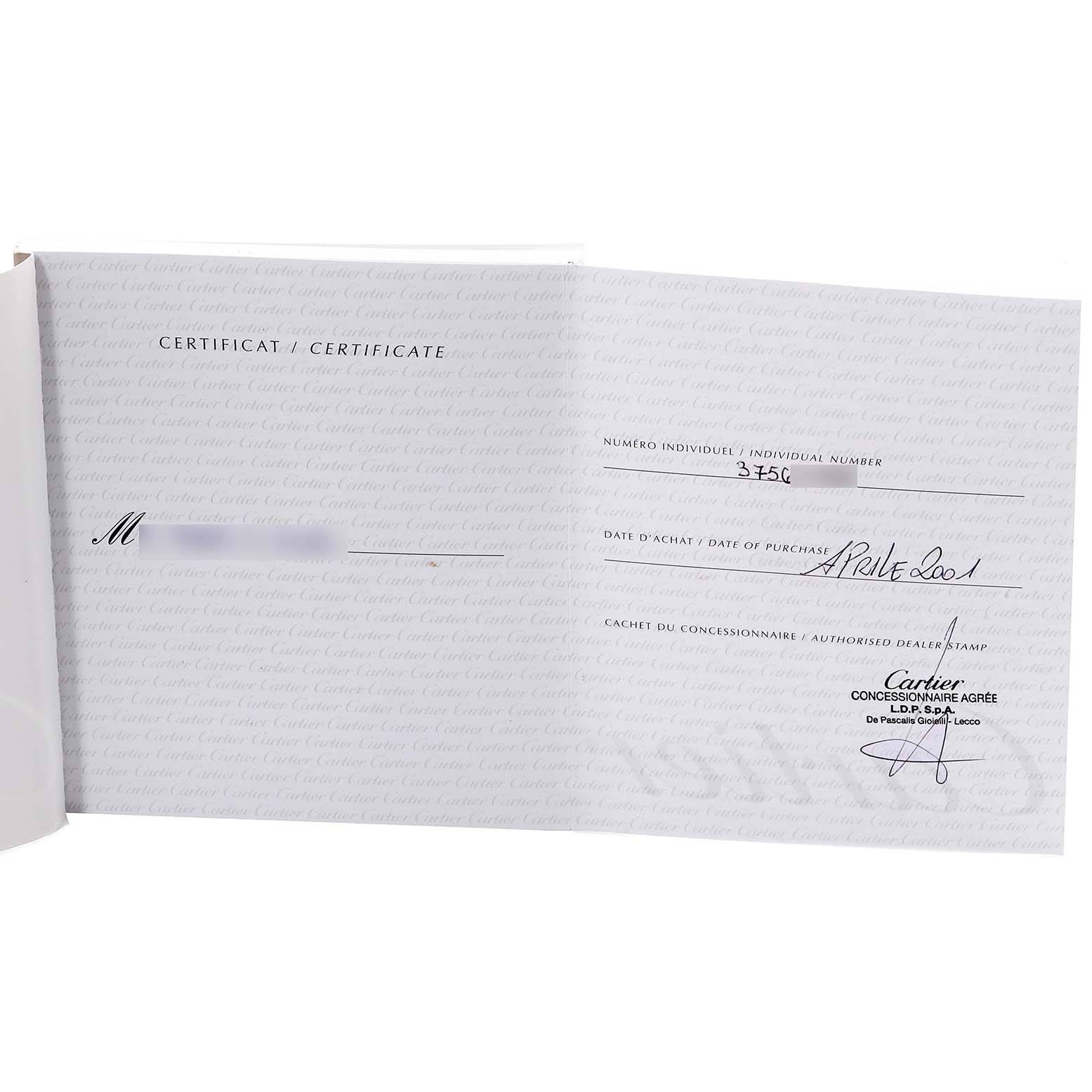 The image shows the certificate of authenticity and warranty for the Cartier Santos W20058C4 Women's Steel and Gold (two tone) Silver Dial W20058C4 Women's Steel and Gold (two tone) Silver Dial watch.