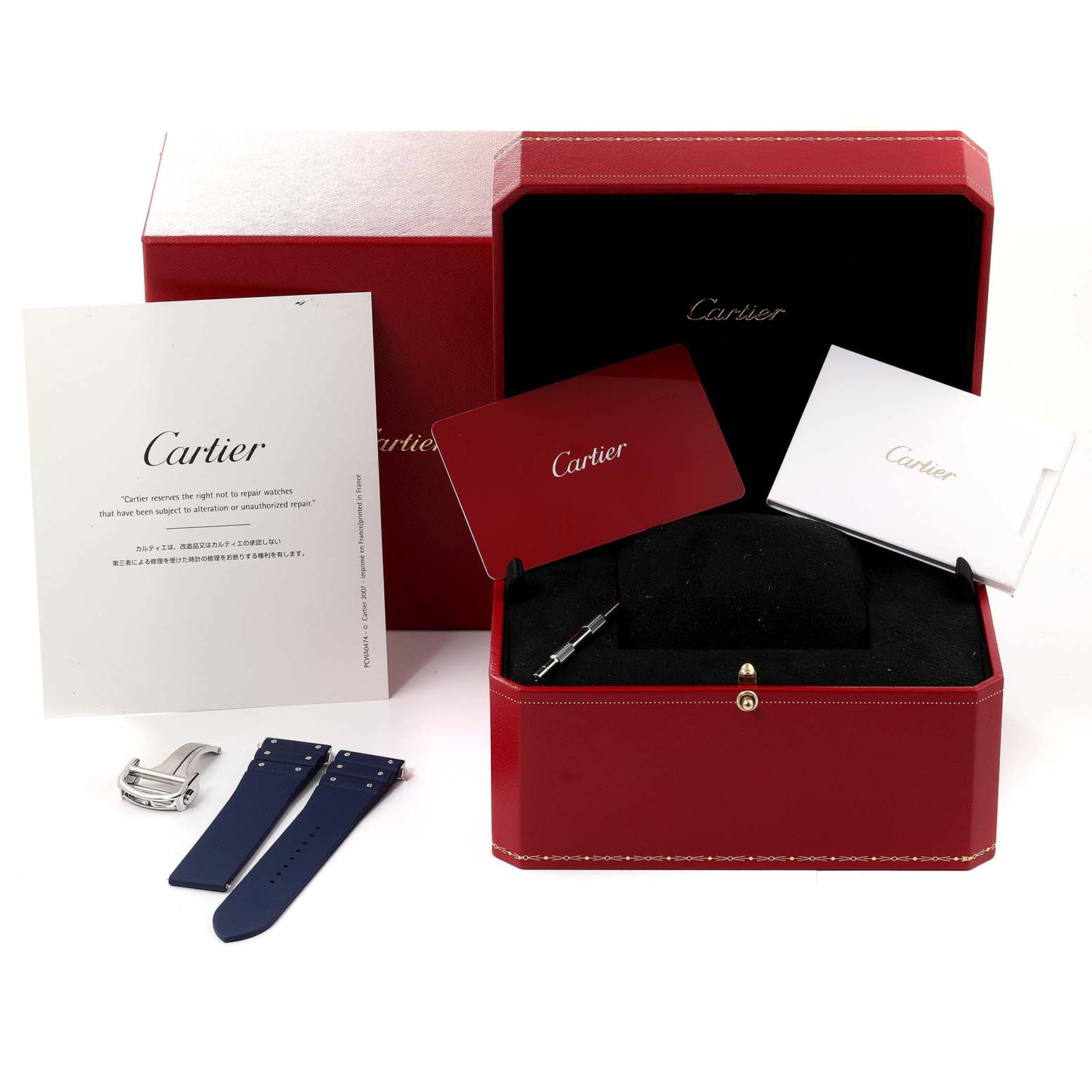 The image shows the packaging, documentation, straps, and a buckle for a Cartier Santos WSSA0048 Men's Stainless Steel Blue Dial WSSA0048 Men's Stainless Steel Blue Dial watch.