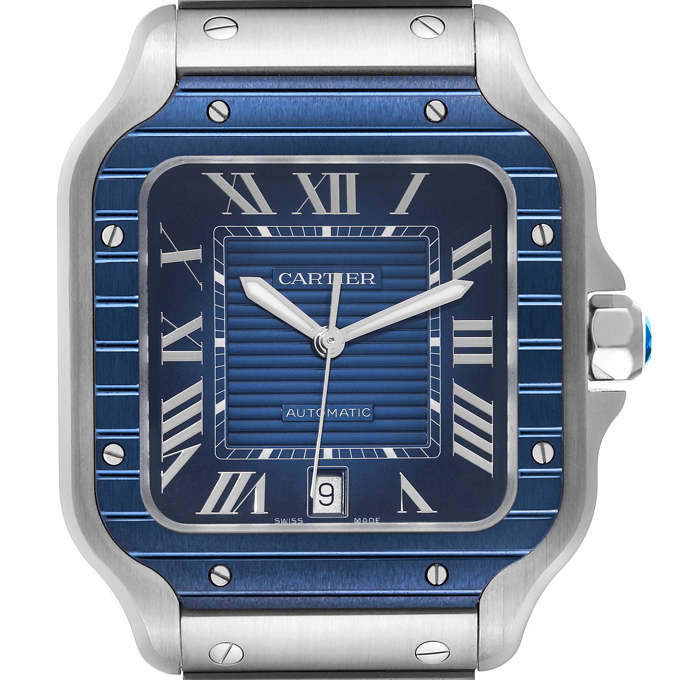 The Cartier Santos WSSA0048 Men's Stainless Steel Blue Dial WSSA0048 Men's Stainless Steel Blue Dial model watch is shown from the front, highlighting the blue dial, Roman numerals, and stainless steel case.