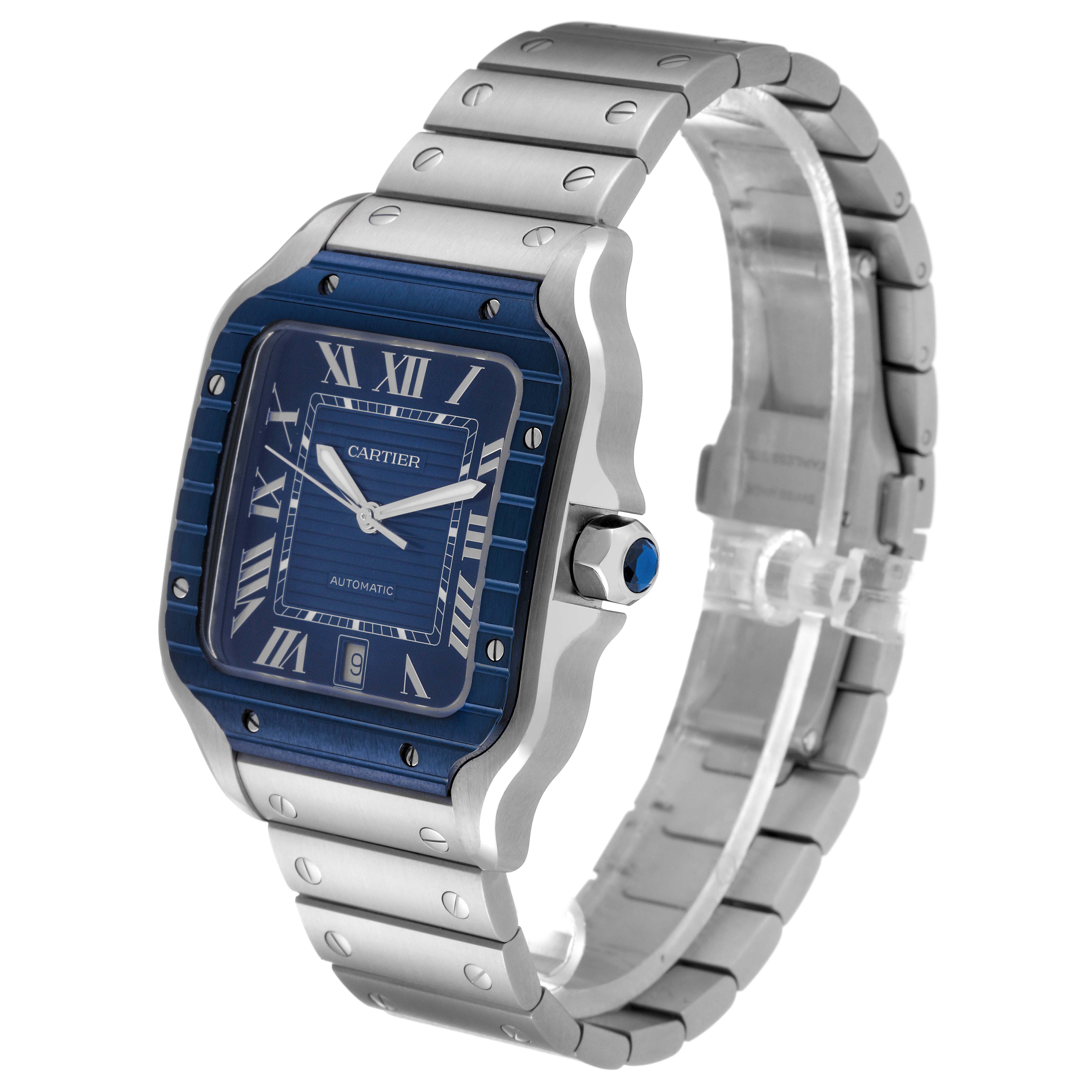 The image shows a side-angle view of the Cartier Santos WSSA0048 Men's Stainless Steel Blue Dial WSSA0048 Men's Stainless Steel Blue Dial watch, displaying the face, bezel, and bracelet clearly.