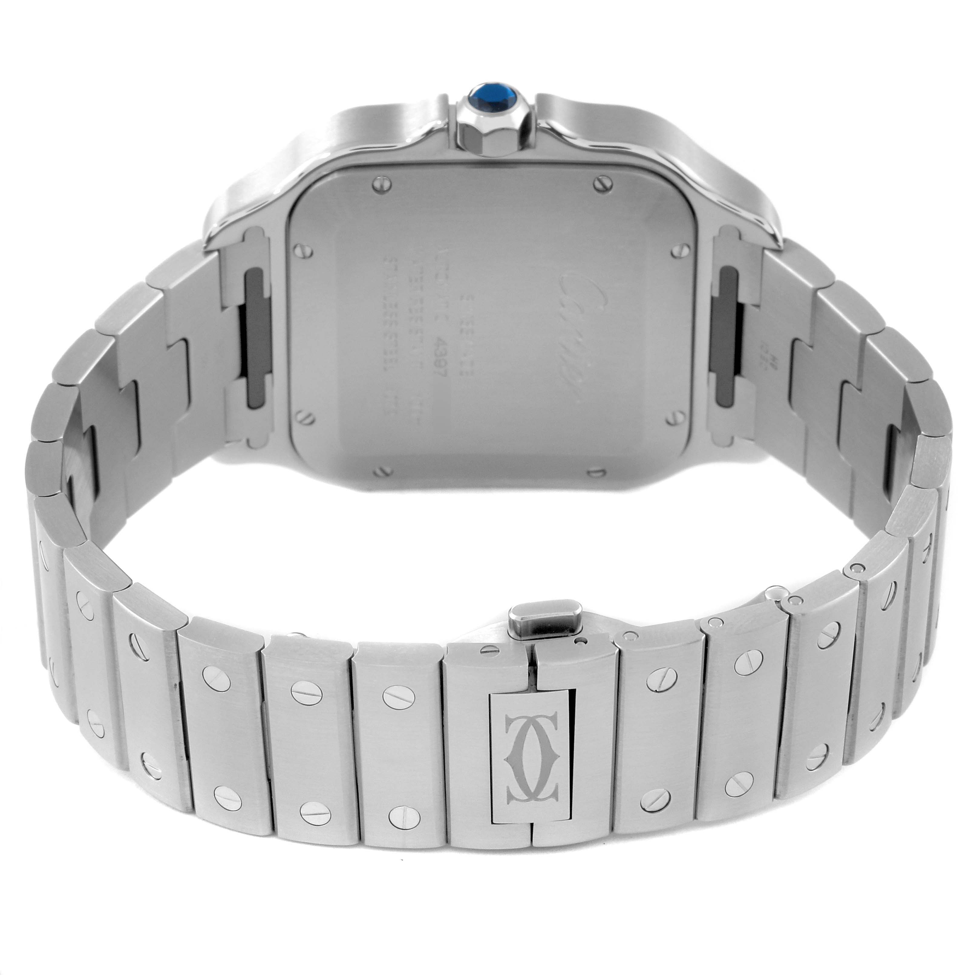 This image shows the back and bracelet of the Santos model watch by Cartier, highlighting the clasp and case back.