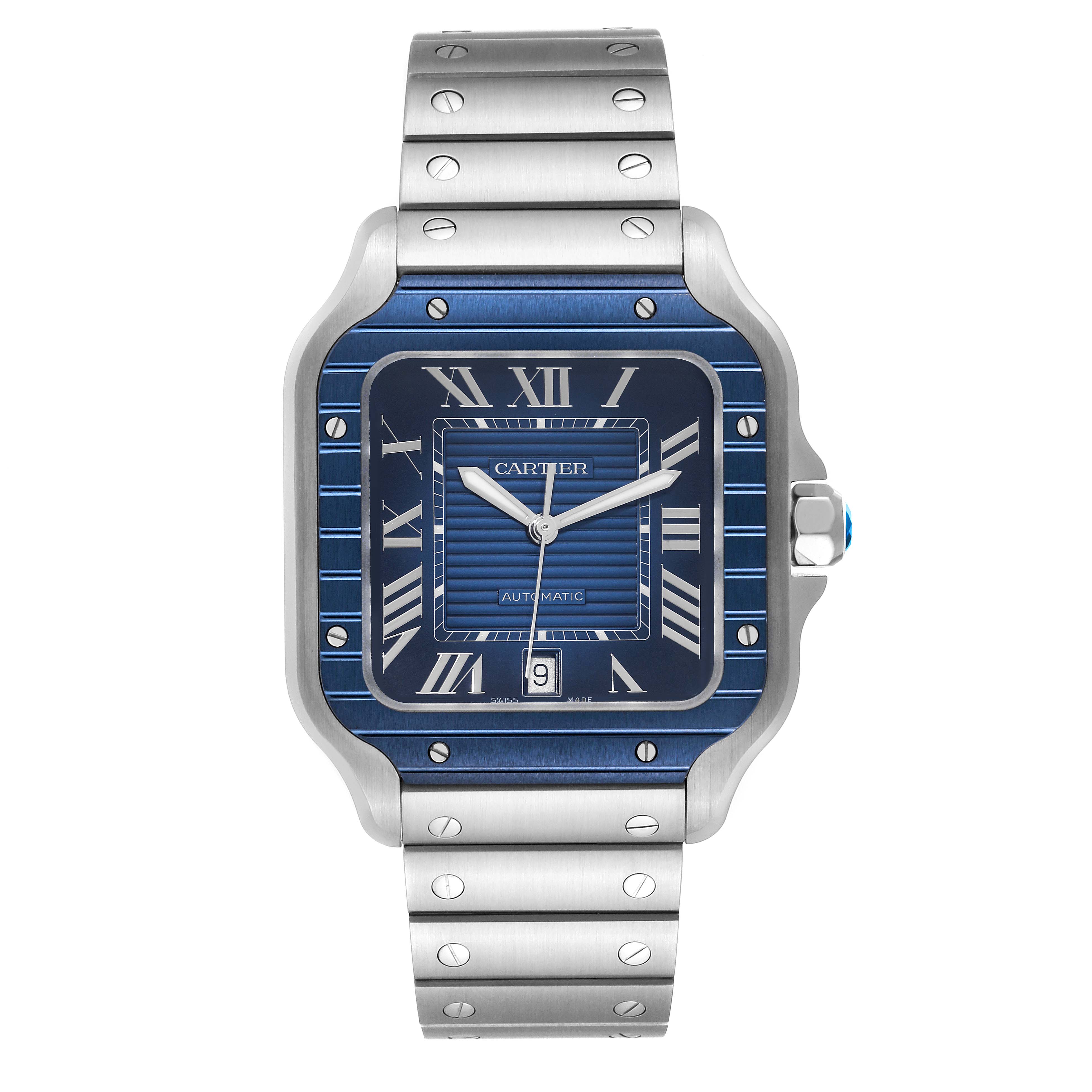 The image shows a front view of a Santos model by Cartier, featuring its blue dial, Roman numerals, metal bracelet, and crown.