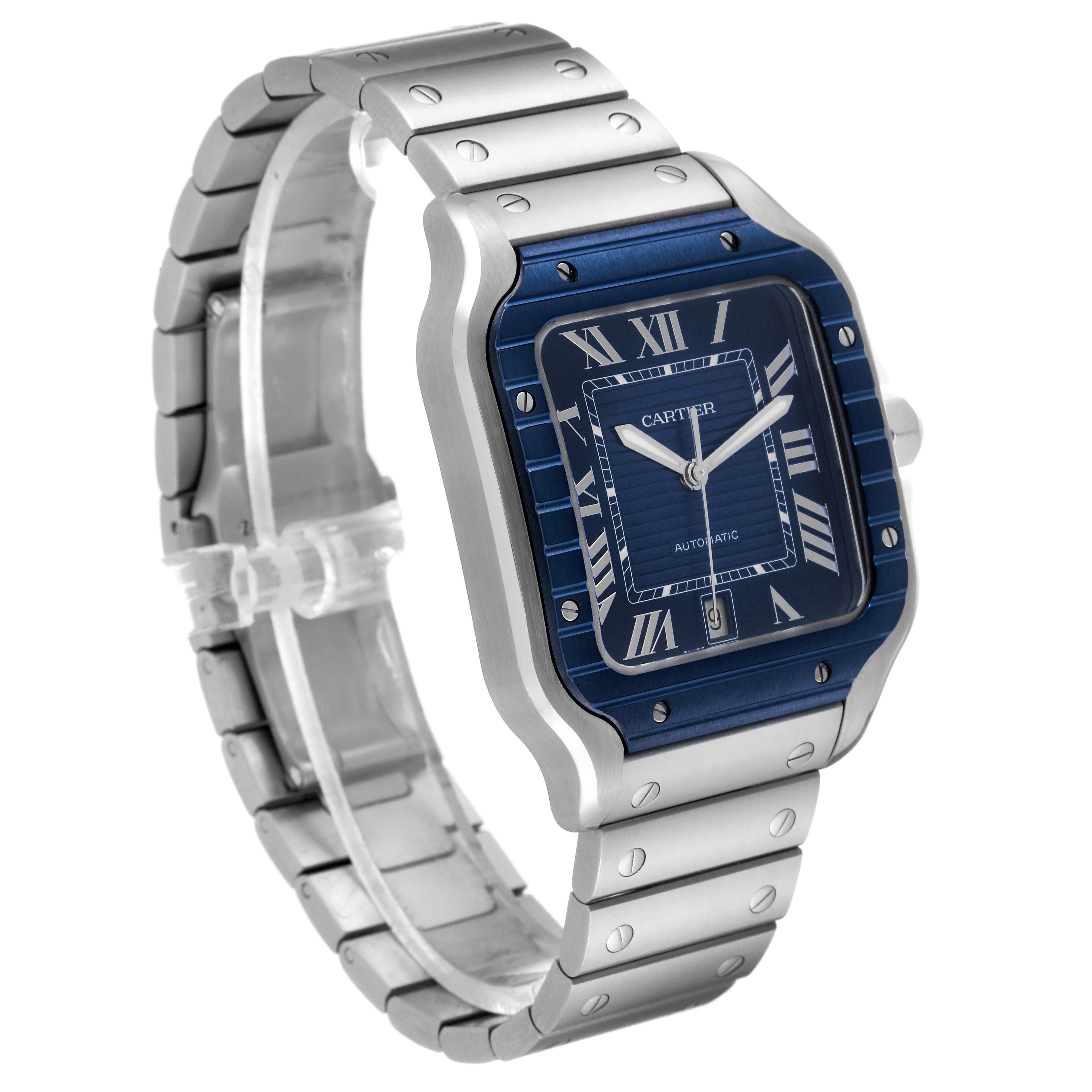 The image shows a Cartier Santos WSSA0048 Men's Stainless Steel Blue Dial WSSA0048 Men's Stainless Steel Blue Dial watch from a three-quarter front angle, highlighting its blue dial and stainless steel bracelet.