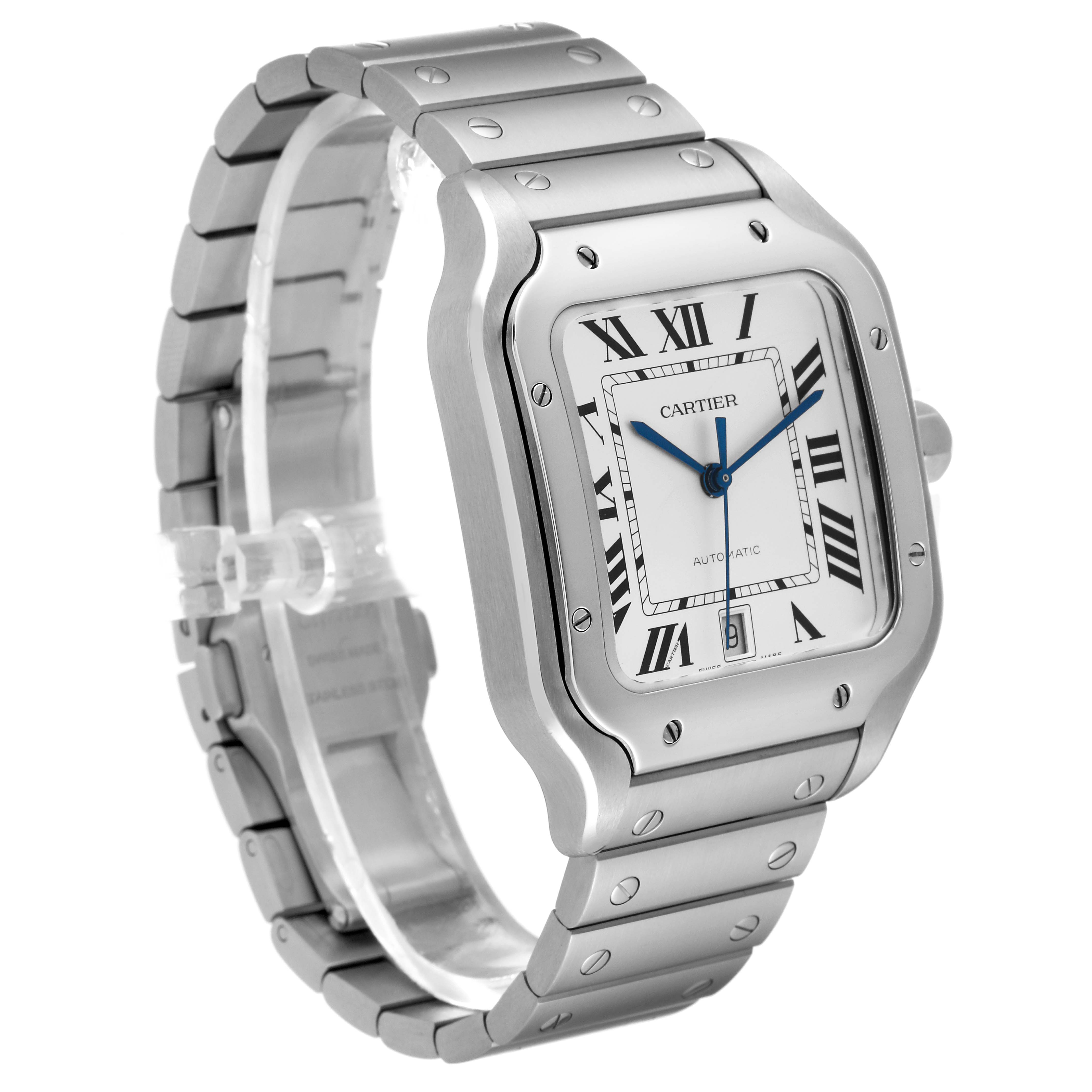 The image shows the Cartier Santos WSSA0018 Men's Stainless Steel Silver Dial WSSA0018 Men's Stainless Steel Silver Dial watch angled to display the face, case, and part of the bracelet.