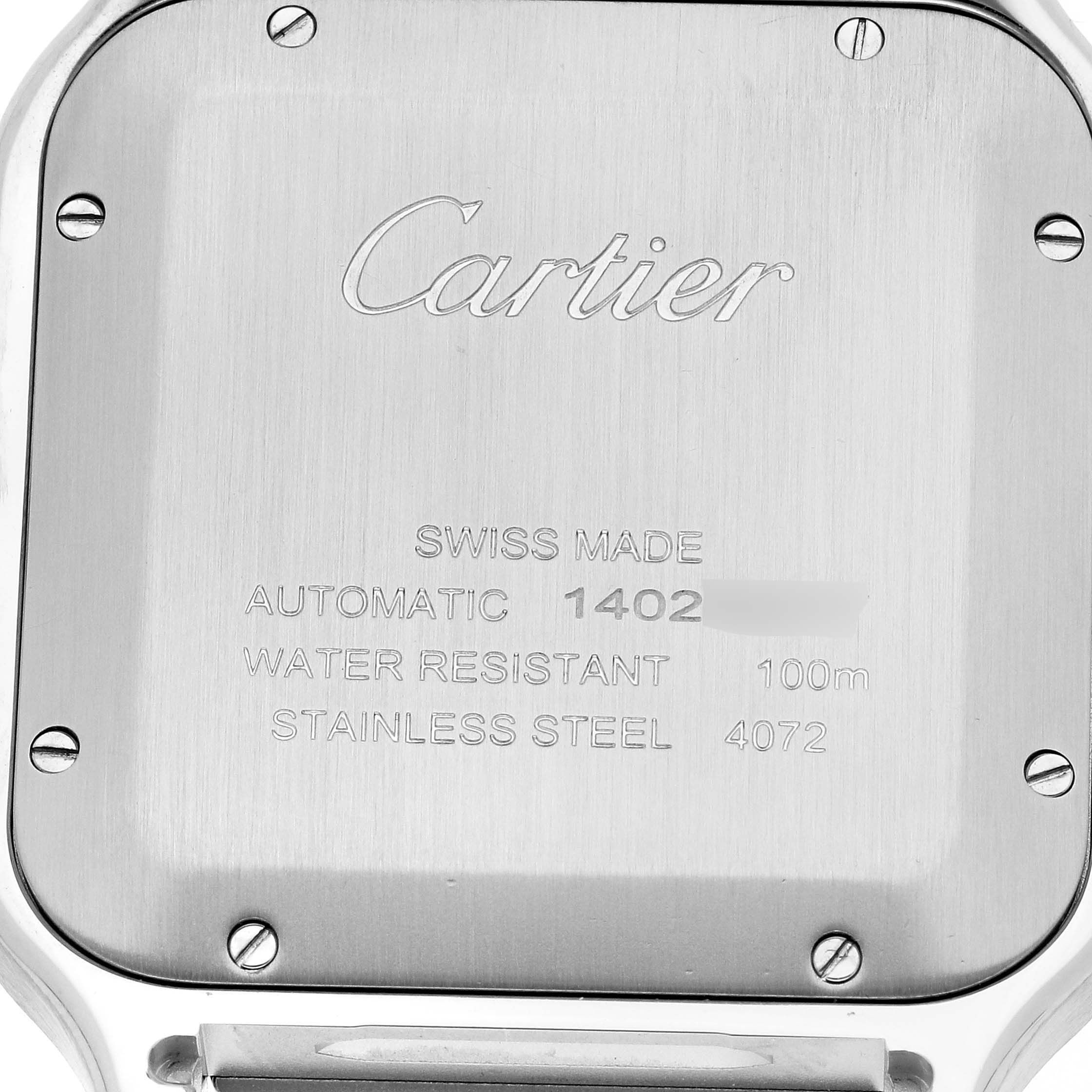 This image shows the back case of a Cartier Santos WSSA0018 Men's Stainless Steel Silver Dial WSSA0018 Men's Stainless Steel Silver Dial model watch, highlighting its specifications and branding.