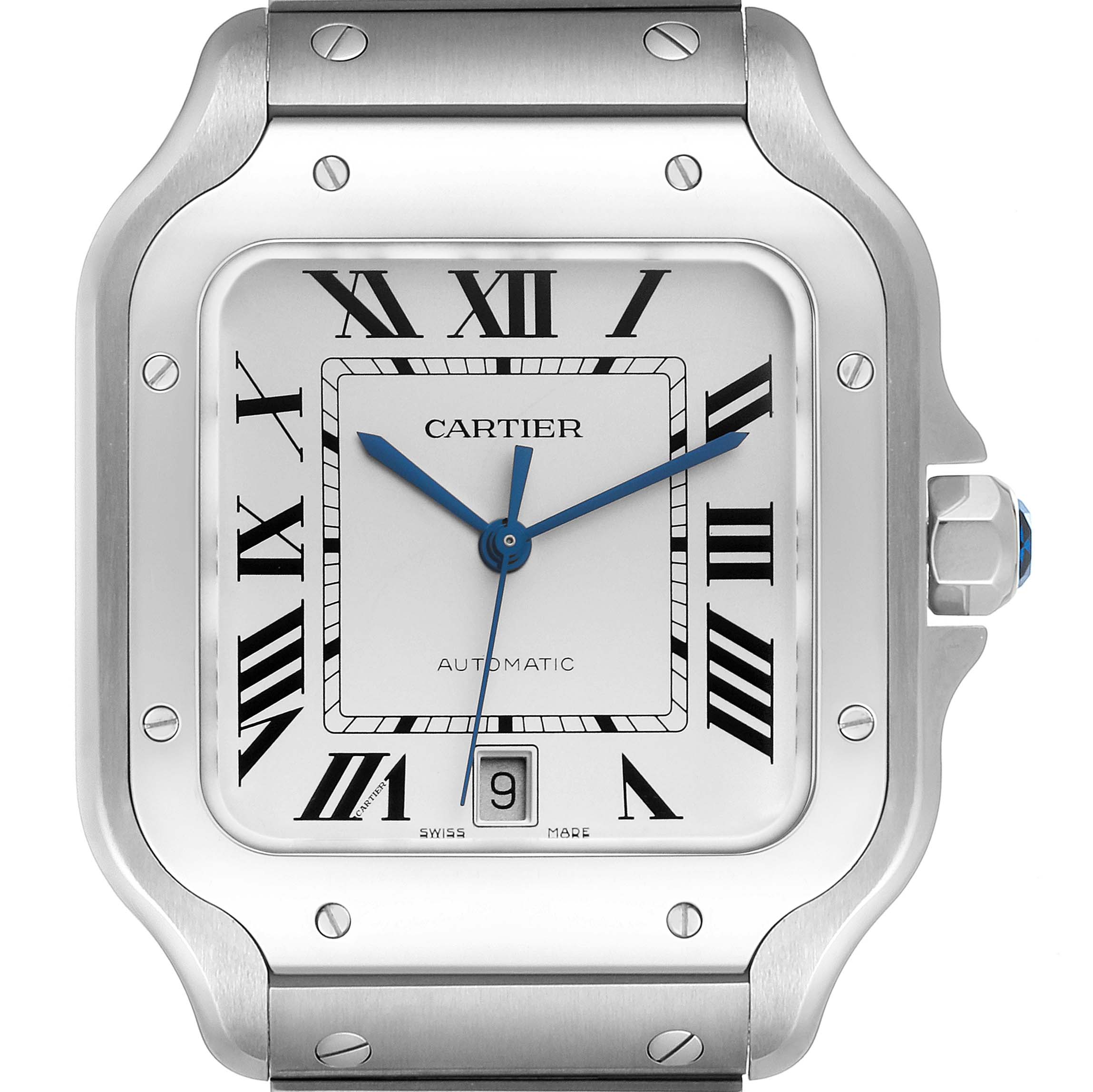The image shows a front view of a Cartier Santos WSSA0018 Men's Stainless Steel Silver Dial WSSA0018 Men's Stainless Steel Silver Dial watch, highlighting its square face, blue hands, Roman numerals, and stainless steel casing.