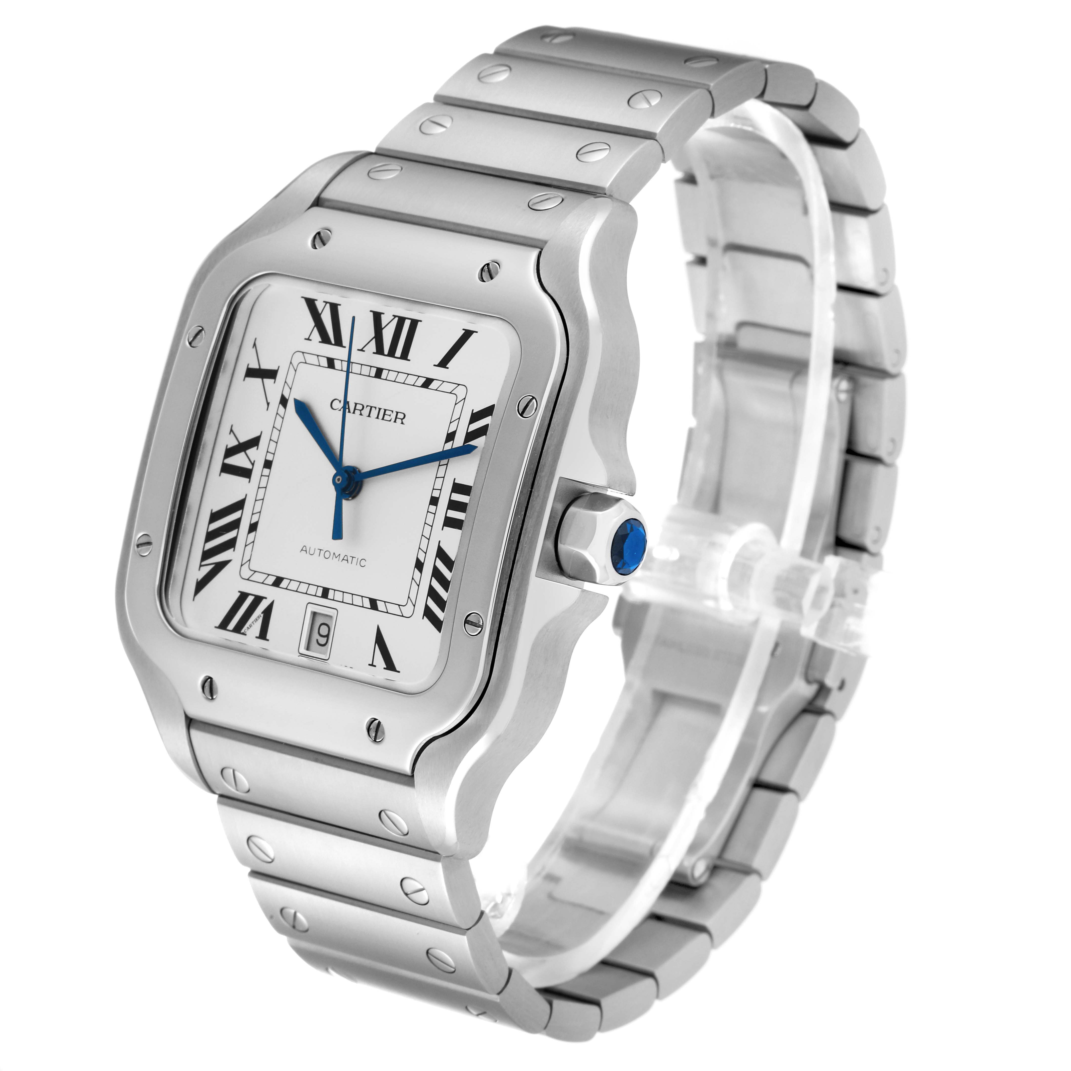 The Cartier Santos WSSA0018 Men's Stainless Steel Silver Dial WSSA0018 Men's Stainless Steel Silver Dial watch is shown from a three-quarter angle displaying the face, crown, and bracelet.