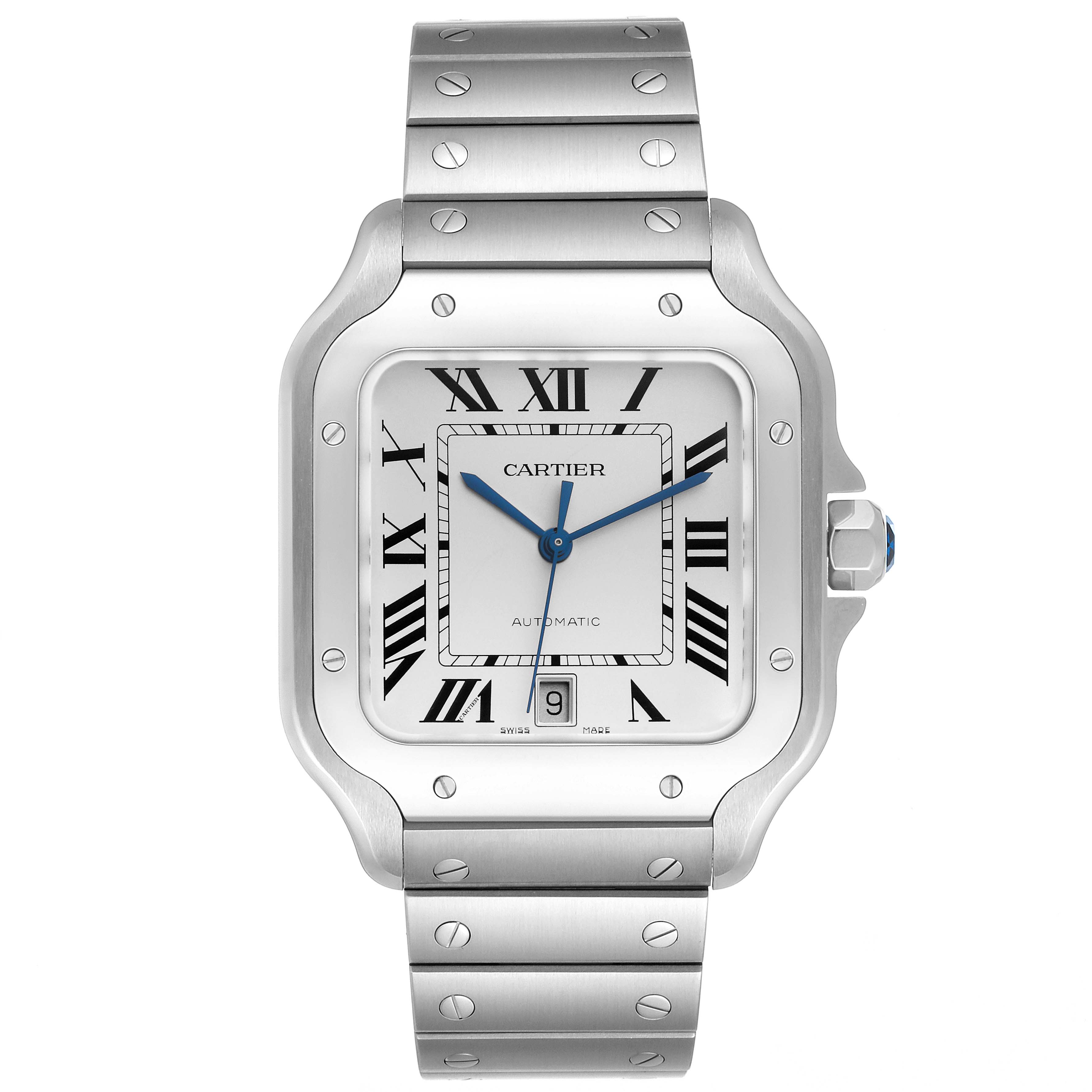 This image shows a front view of a Santos model Cartier watch with a stainless steel case and bracelet.