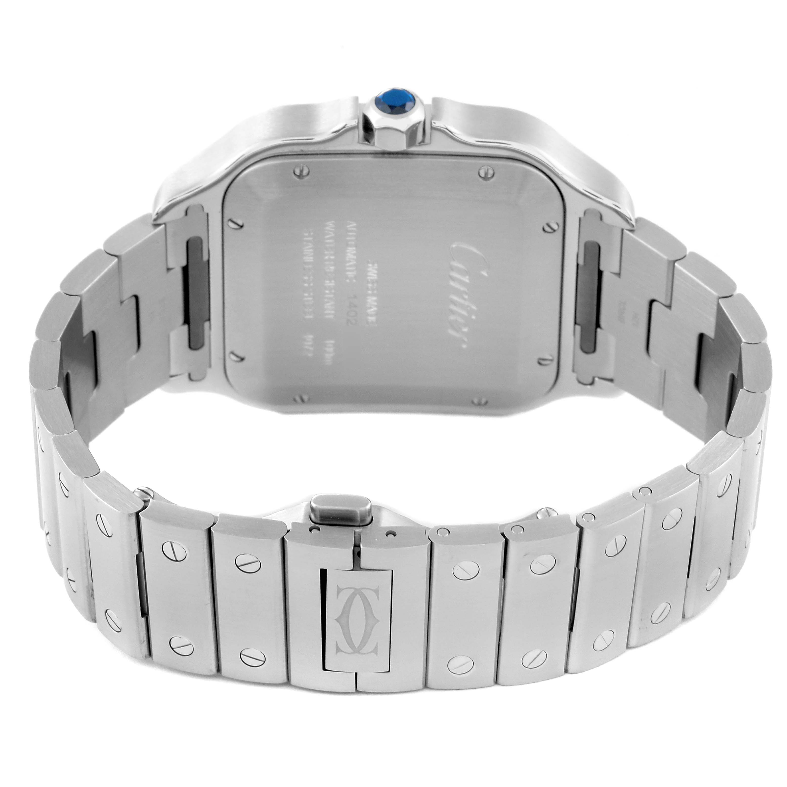 This image shows the back and bracelet of a Cartier Santos WSSA0018 Men's Stainless Steel Silver Dial WSSA0018 Men's Stainless Steel Silver Dial watch, focusing on the clasp and case back.