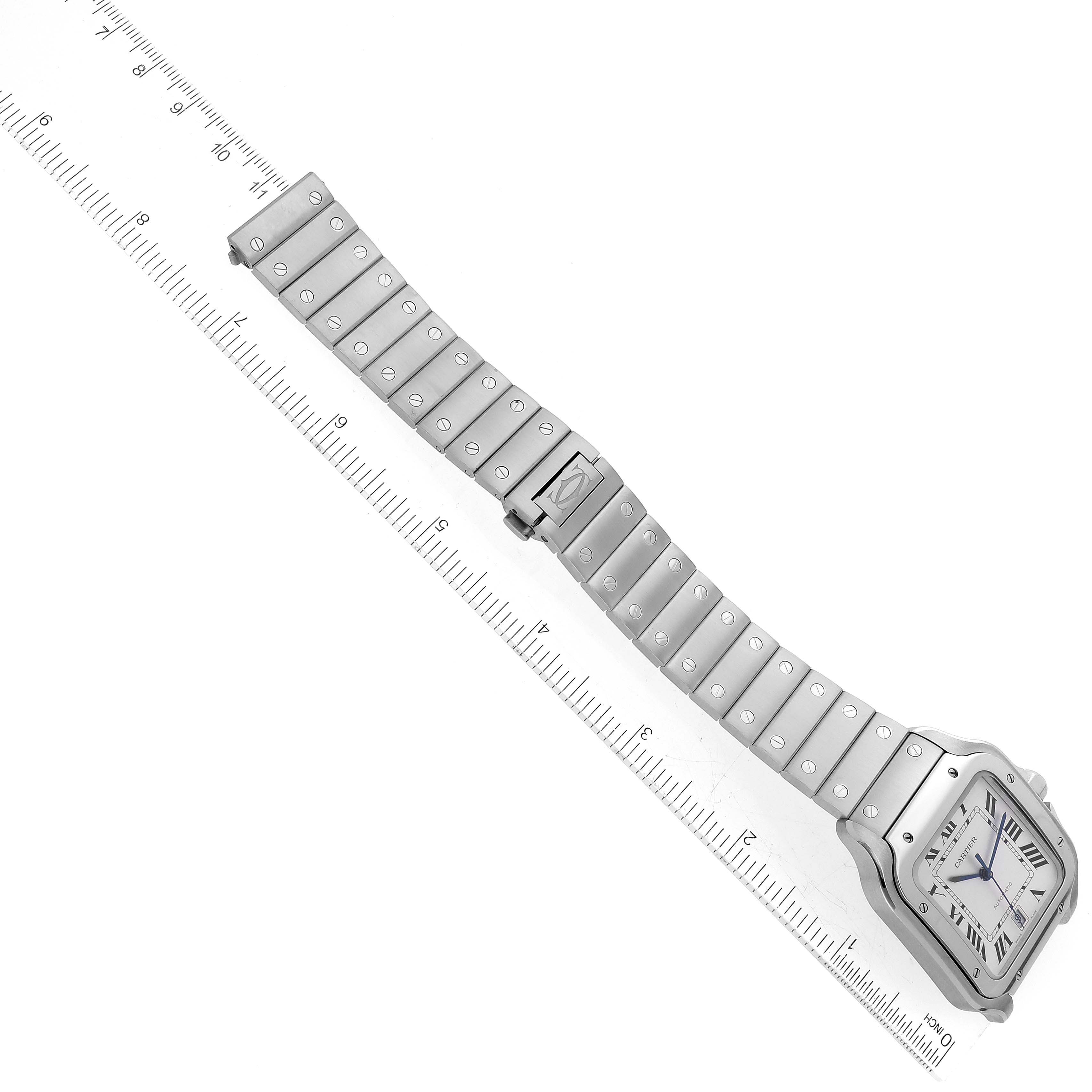 The image shows a Cartier Santos WSSA0018 Men's Stainless Steel Silver Dial WSSA0018 Men's Stainless Steel Silver Dial watch laid flat, displaying the watch face and full length of the metal strap.