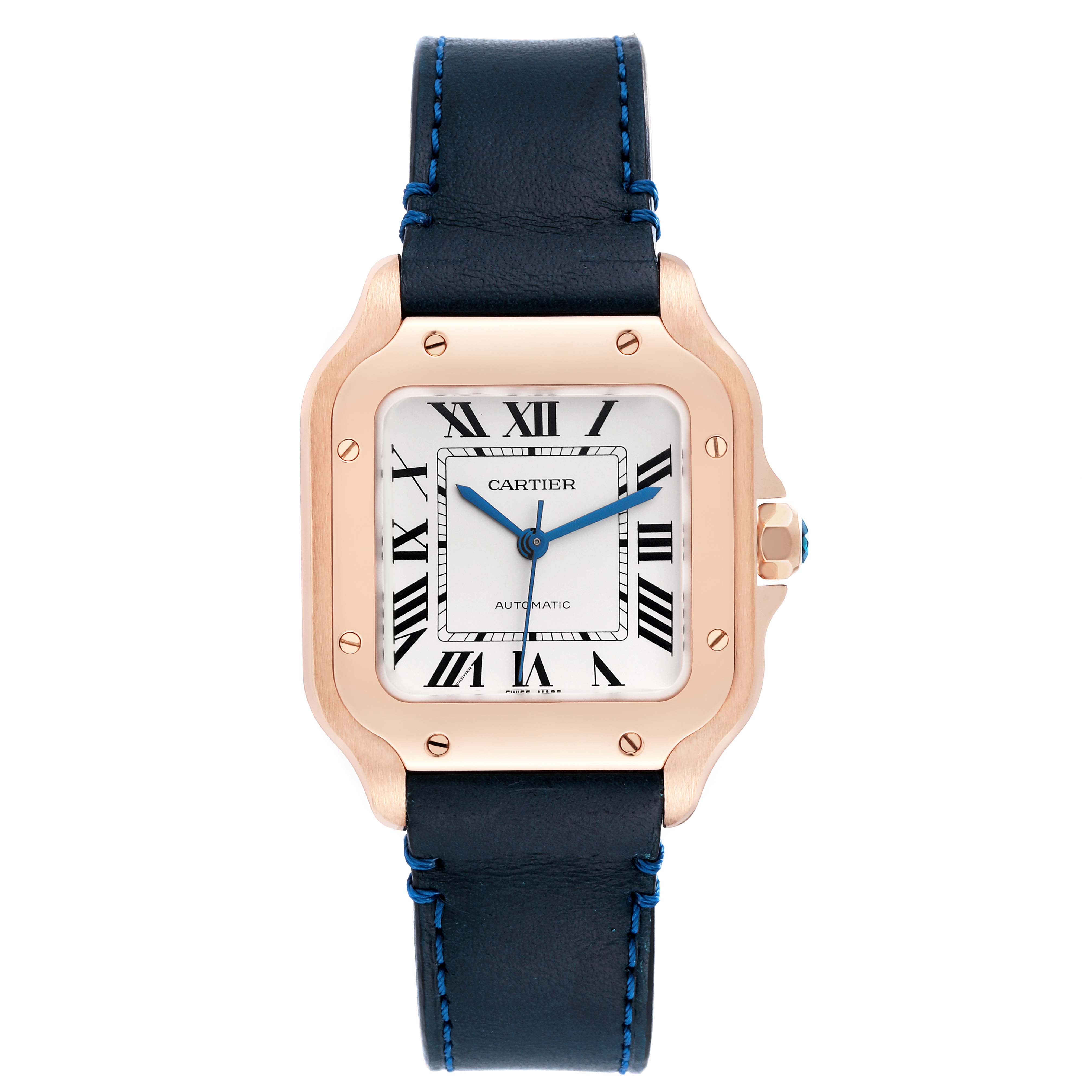 The image shows a Cartier Santos WGSA0012 Men's Rose Gold Silver Dial WGSA0012 Men's Rose Gold Silver Dial watch from a front angle, highlighting the face, case, and leather band.