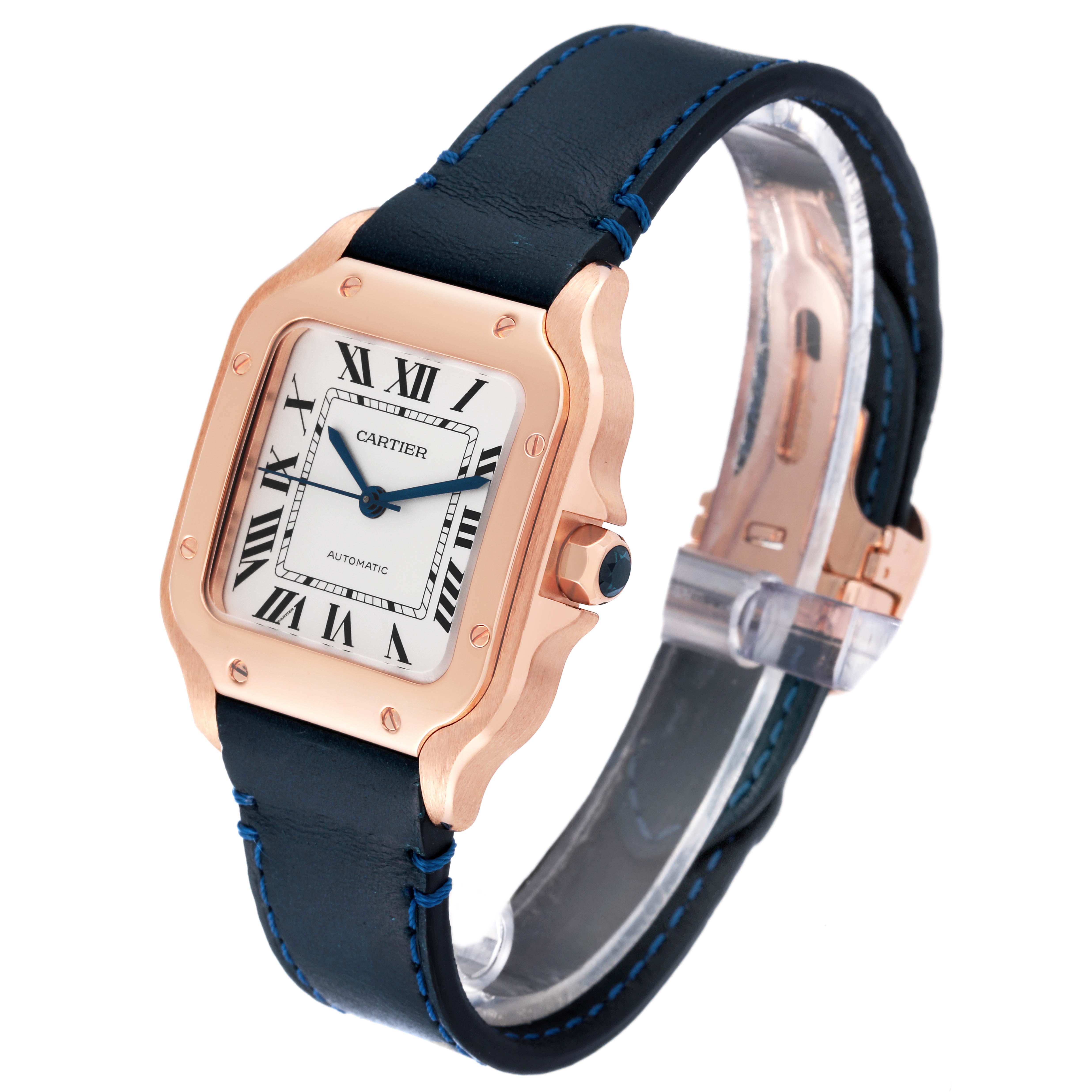 Cartier Santos Midsize Rose Gold Blue Strap Mens Watch WGSA0012 Box ...