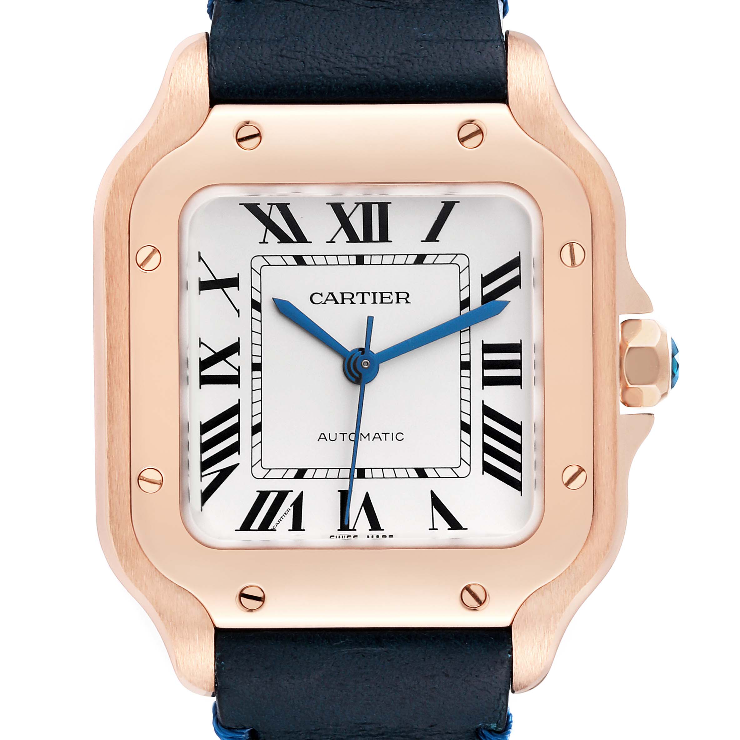 Front angle of the Cartier Santos WGSA0012 Men's Rose Gold Silver Dial WGSA0012 Men's Rose Gold Silver Dial watch showing its face, hands, bezel, crown, and part of its strap.