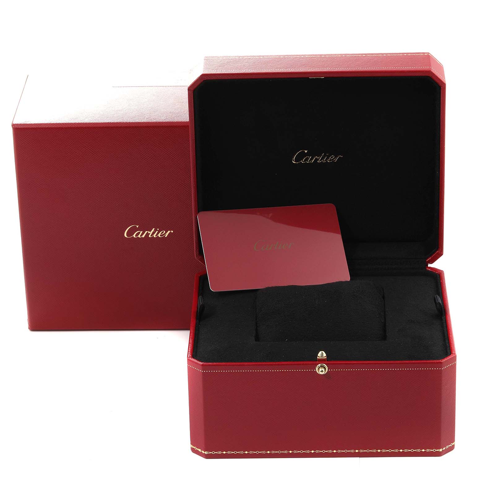 This image shows the red box and watch accessories for a Cartier Santos WGSA0012 Men's Rose Gold Silver Dial WGSA0012 Men's Rose Gold Silver Dial model, including an inner cushion and a card.