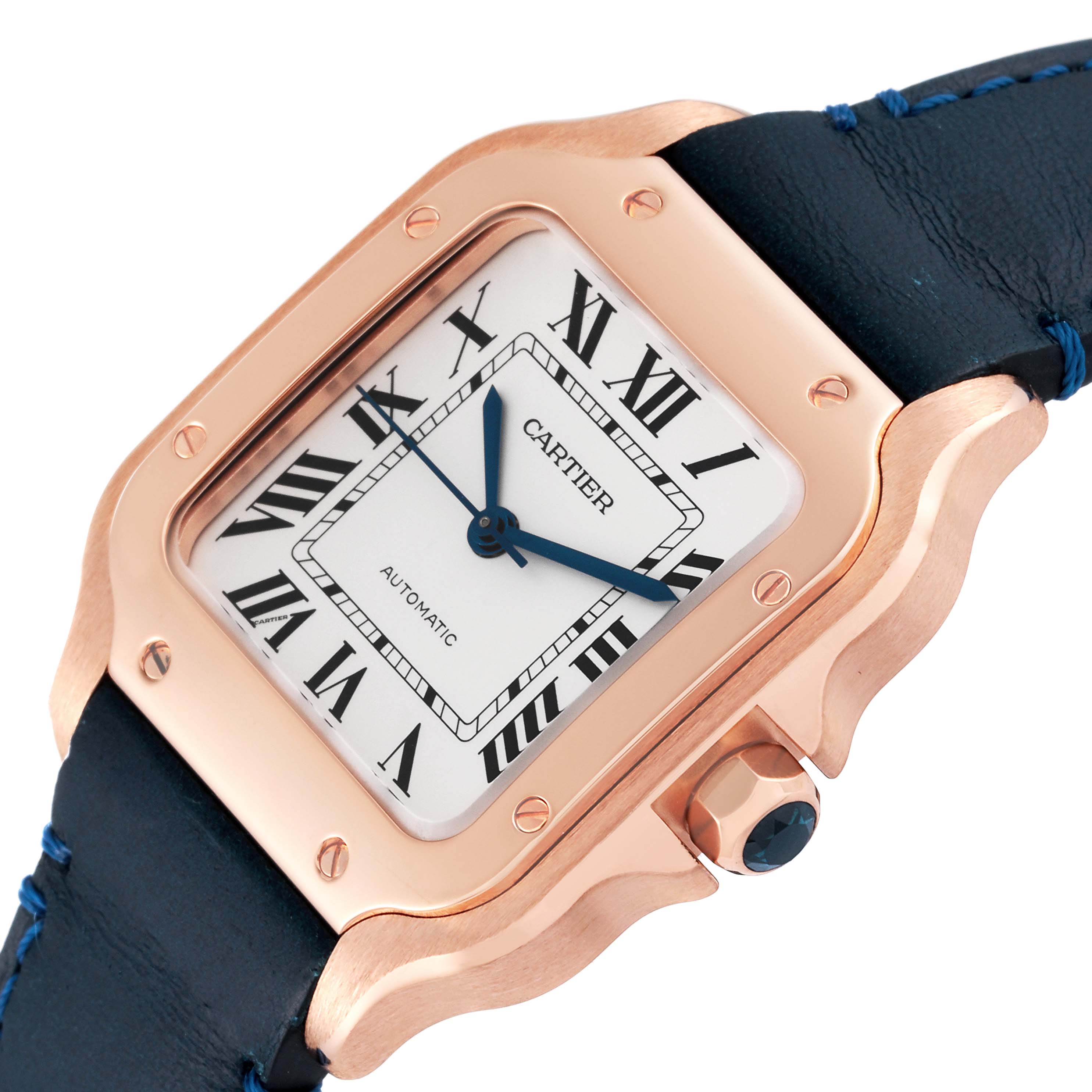 This image shows a Cartier Santos WGSA0012 Men's Rose Gold Silver Dial WGSA0012 Men's Rose Gold Silver Dial watch at an angle, highlighting its face, bezel, crown, and part of the leather strap.