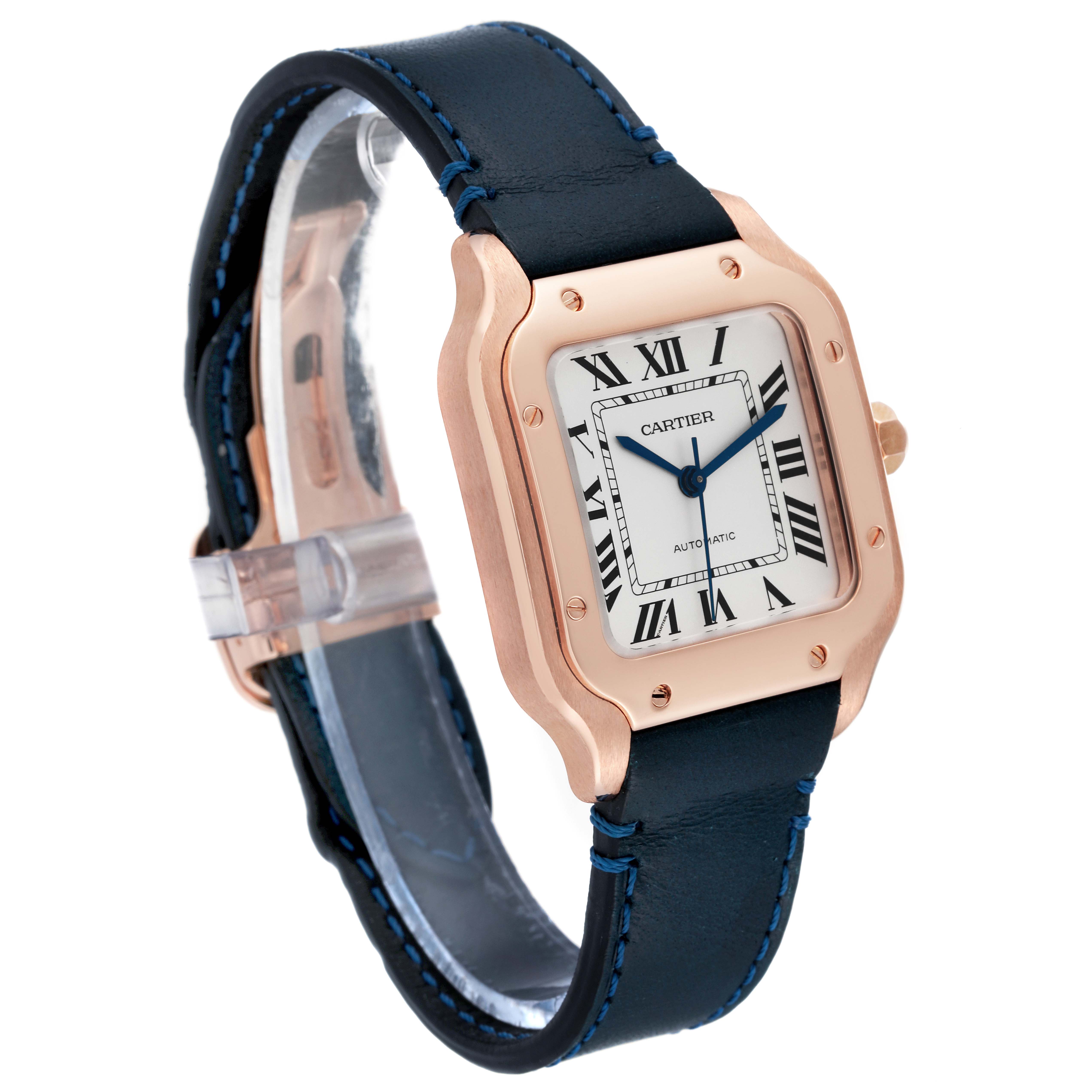 The Cartier Santos WGSA0012 Men's Rose Gold Silver Dial WGSA0012 Men's Rose Gold Silver Dial watch is shown at a three-quarter angle, displaying the face, case, crown, and strap.