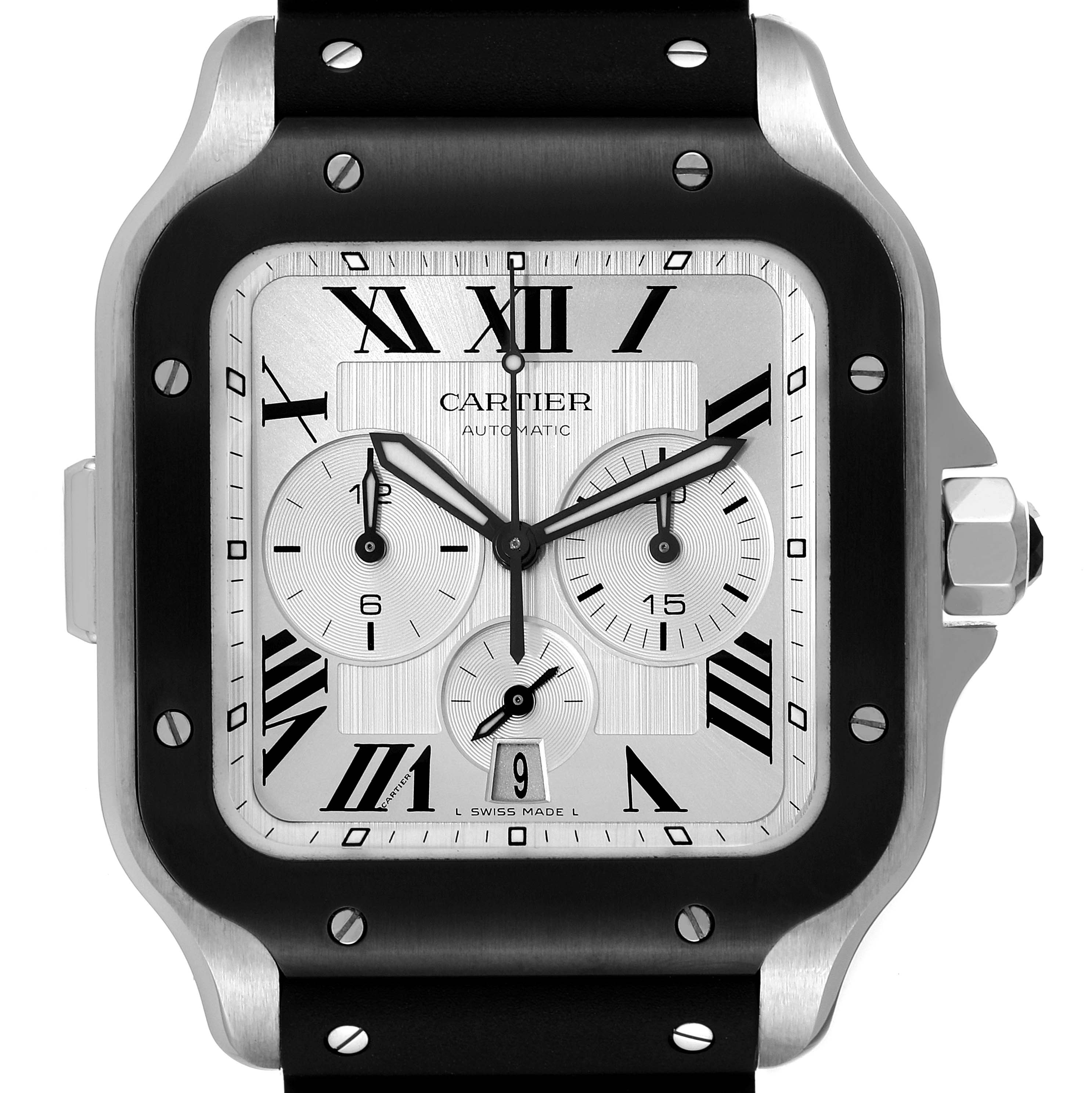 The image shows a frontal view of the Cartier Santos WSSA0017 Men
s Stainless Steel Silver Dial WSSA0017 Men
s Stainless Steel Silver Dial model watch, featuring the dial, bezel, hands, and a part of the strap.