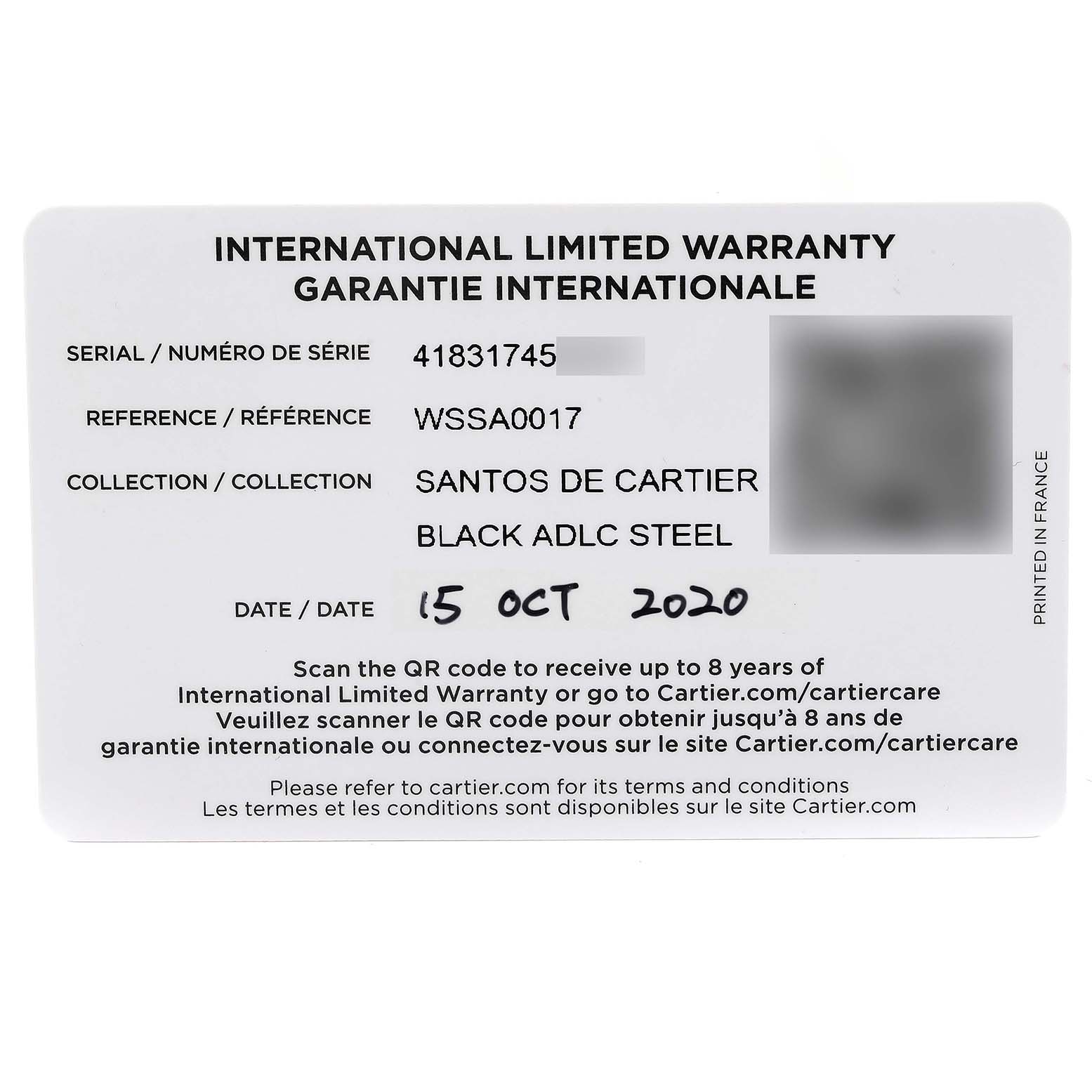 This image shows the international limited warranty card for a Cartier Santos WSSA0017 Men
s Stainless Steel Silver Dial WSSA0017 Men
s Stainless Steel Silver Dial model watch, displaying details like serial, reference, and date.