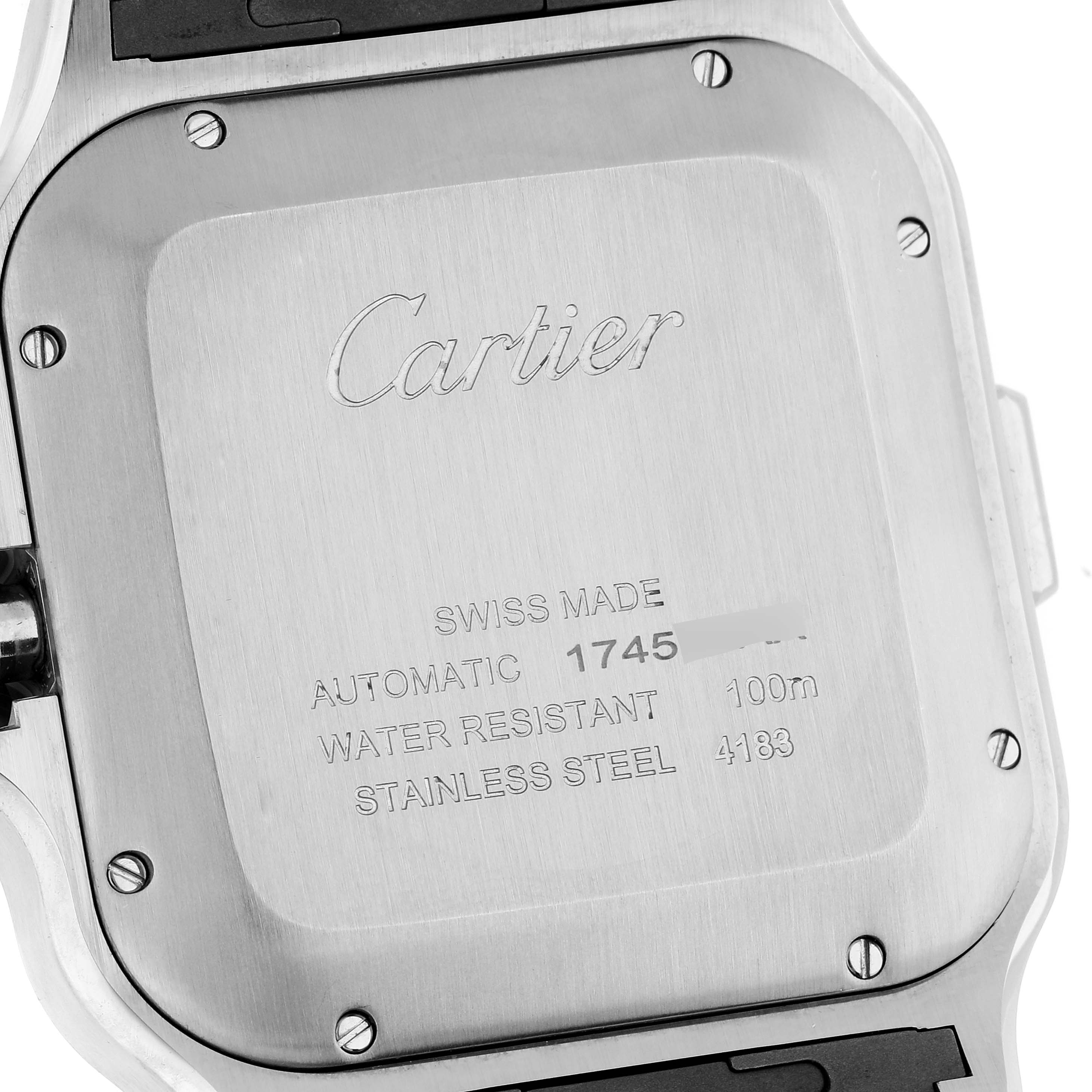 This image shows the back casing of a Santos model by Cartier, highlighting its engravings and material details.