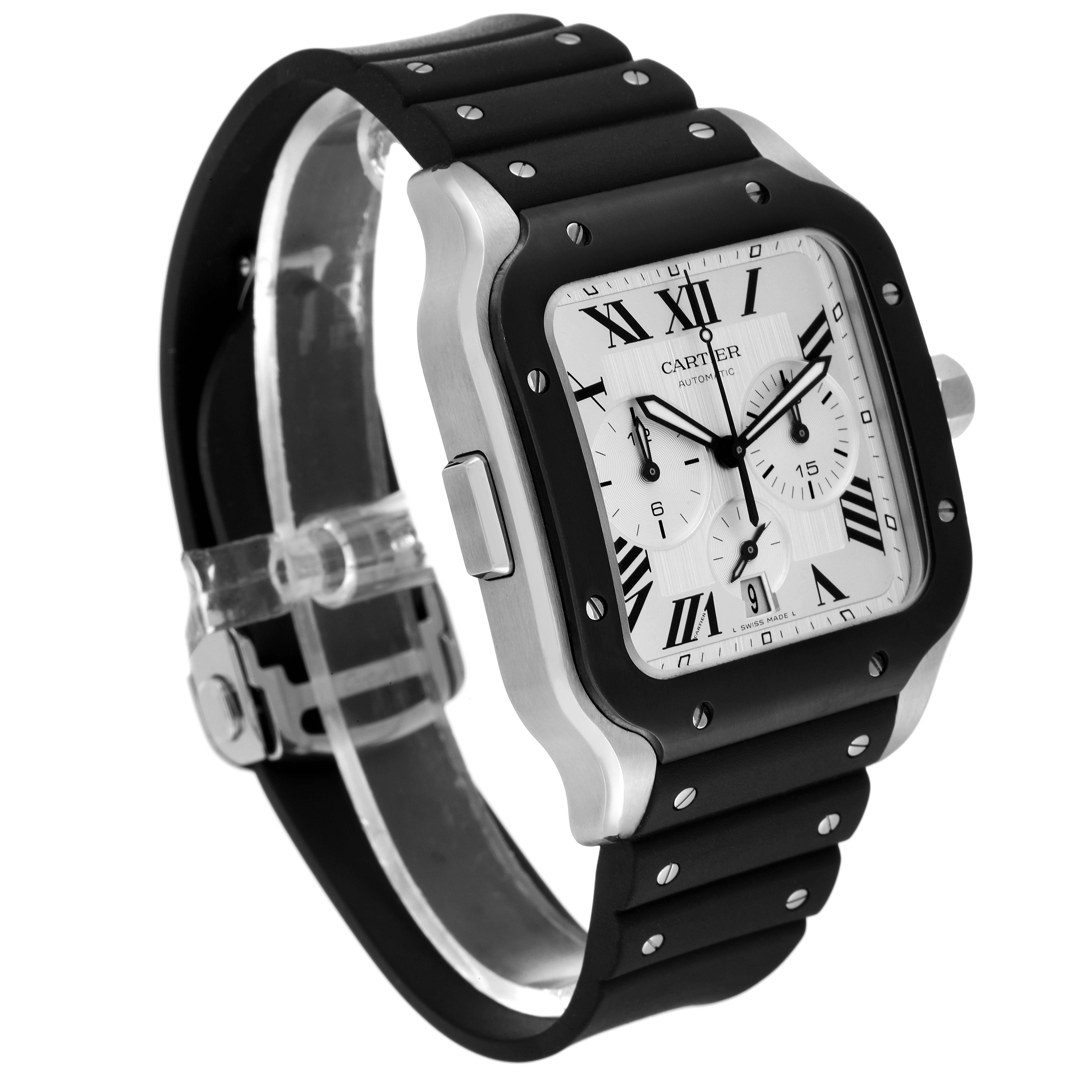 This is a Cartier Santos WSSA0017 Men
s Stainless Steel Silver Dial WSSA0017 Men
s Stainless Steel Silver Dial watch shown at a three-quarter angle, displaying the face, case, crown, and strap.