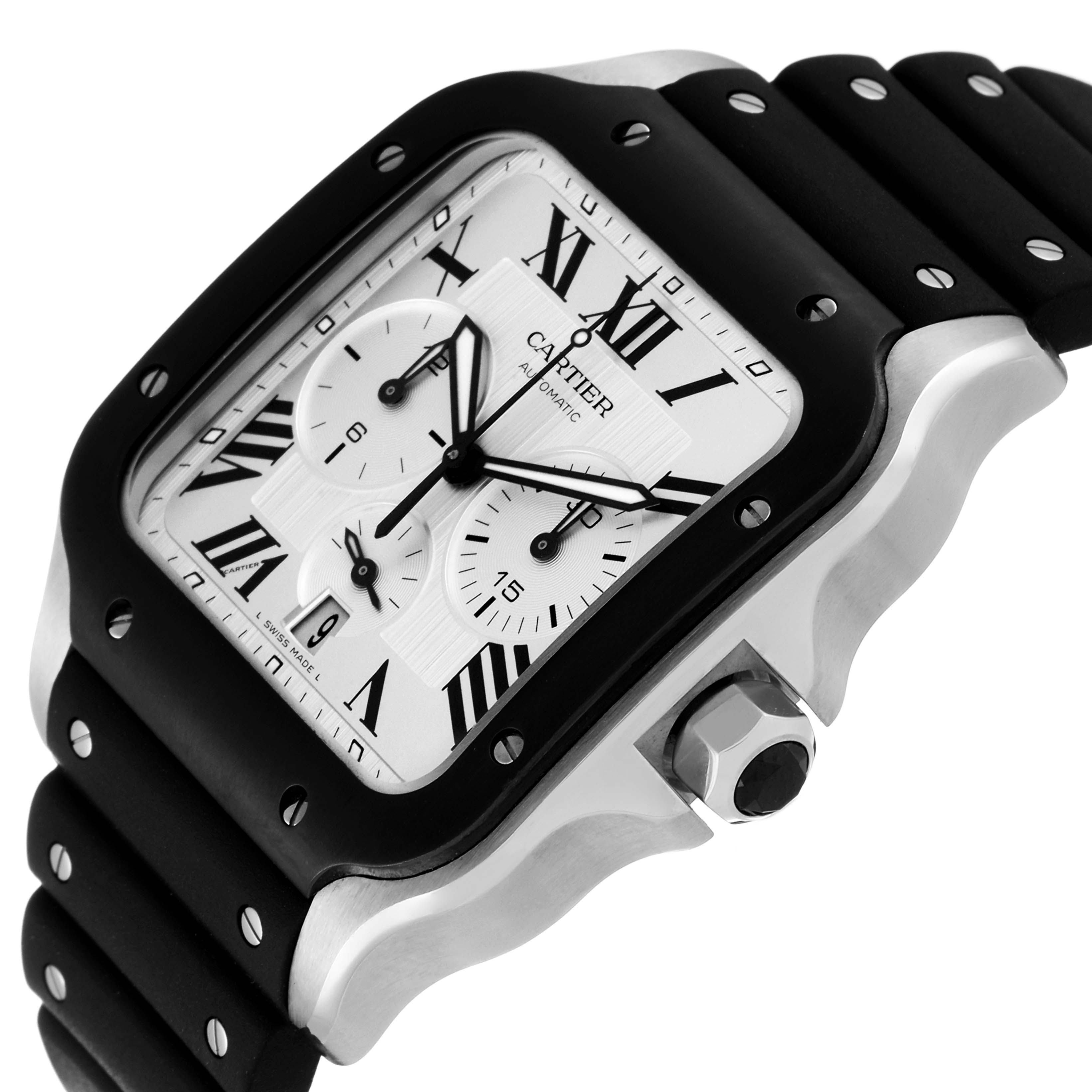 This Cartier Santos WSSA0017 Men
s Stainless Steel Silver Dial WSSA0017 Men
s Stainless Steel Silver Dial watch is shown at an angle highlighting the face, bezel, crown, and part of the strap.