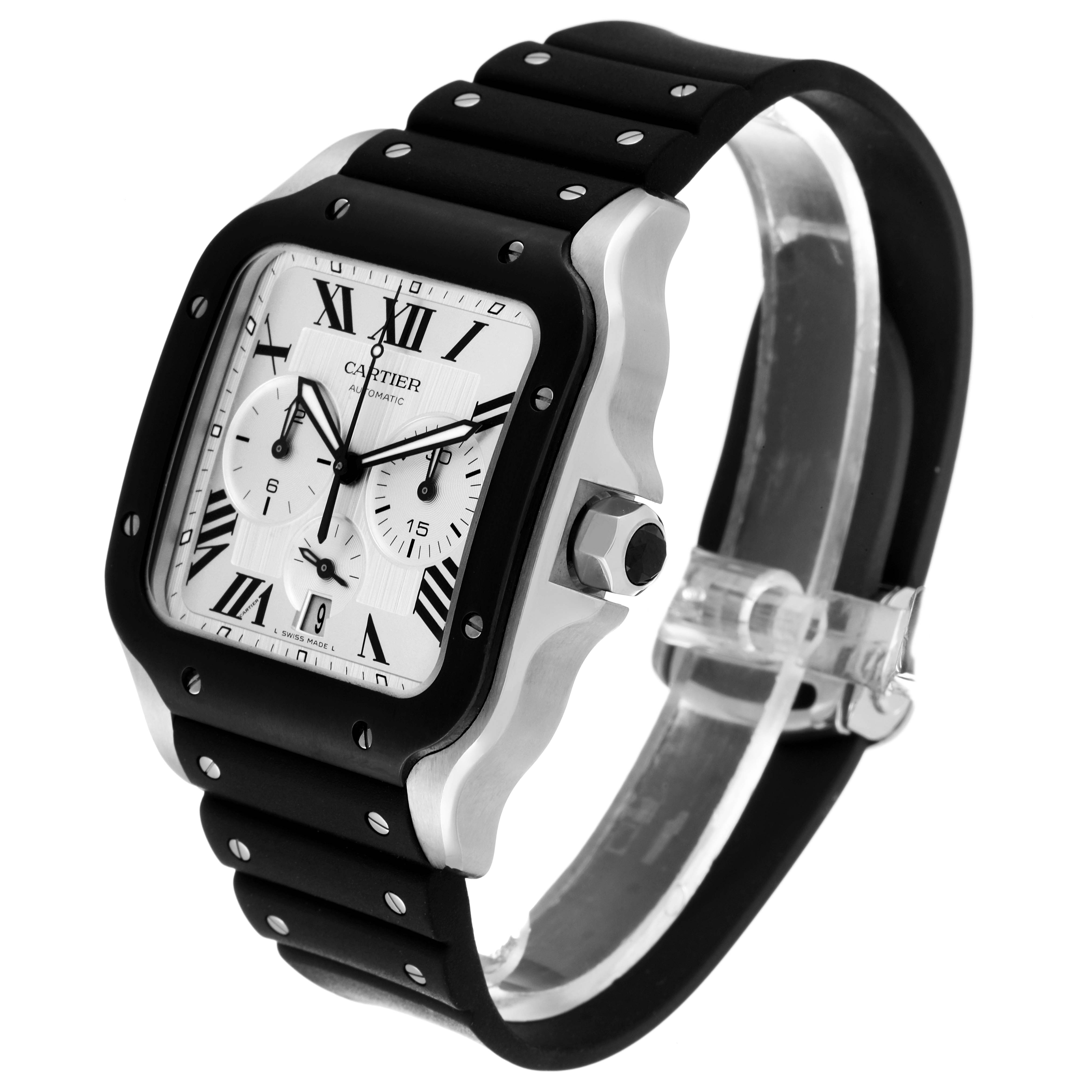 The image shows a Cartier Santos WSSA0017 Men
s Stainless Steel Silver Dial WSSA0017 Men
s Stainless Steel Silver Dial watch at an angle highlighting its face, case, and rubber strap.