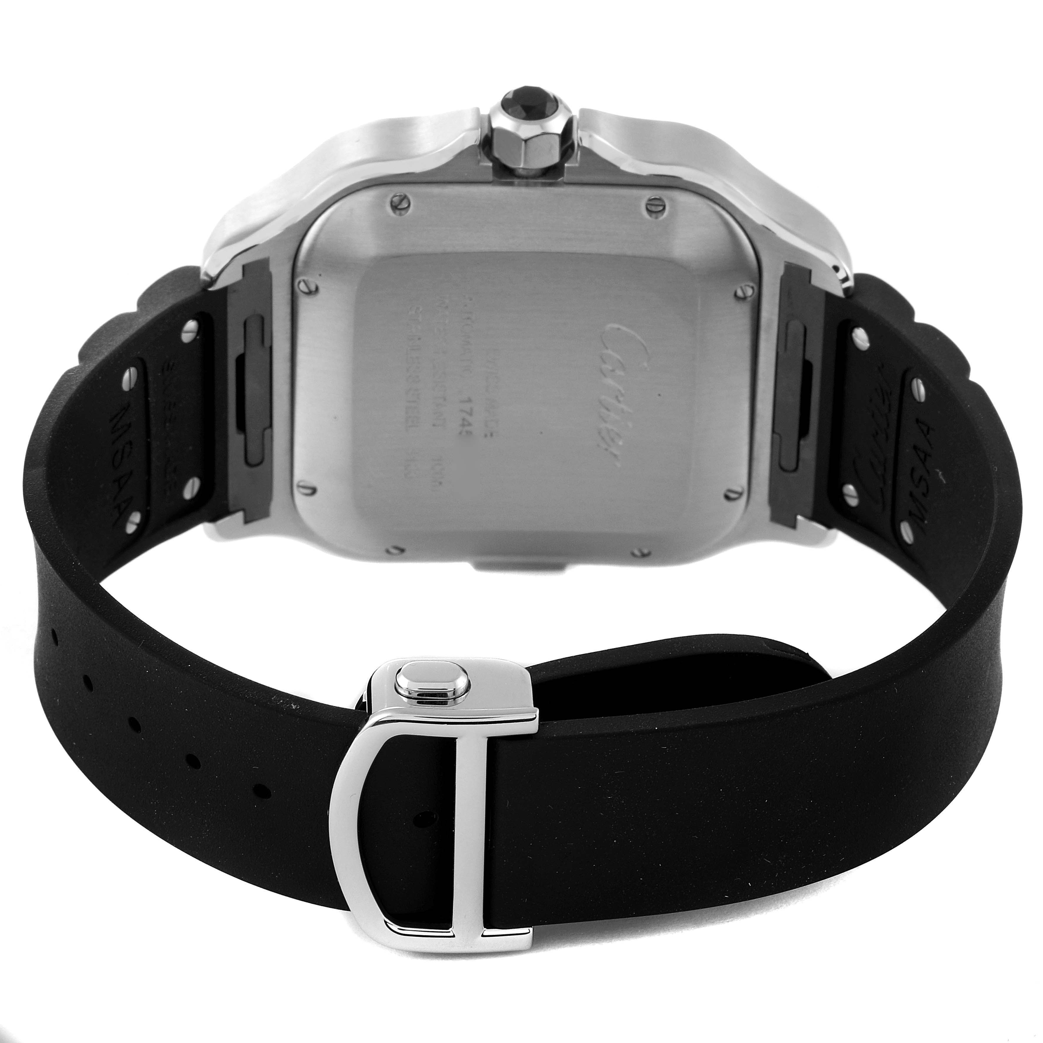 The image shows the back case and strap of the Cartier Santos WSSA0017 Men
s Stainless Steel Silver Dial WSSA0017 Men
s Stainless Steel Silver Dial watch, highlighting the clasp and screws on the case back.