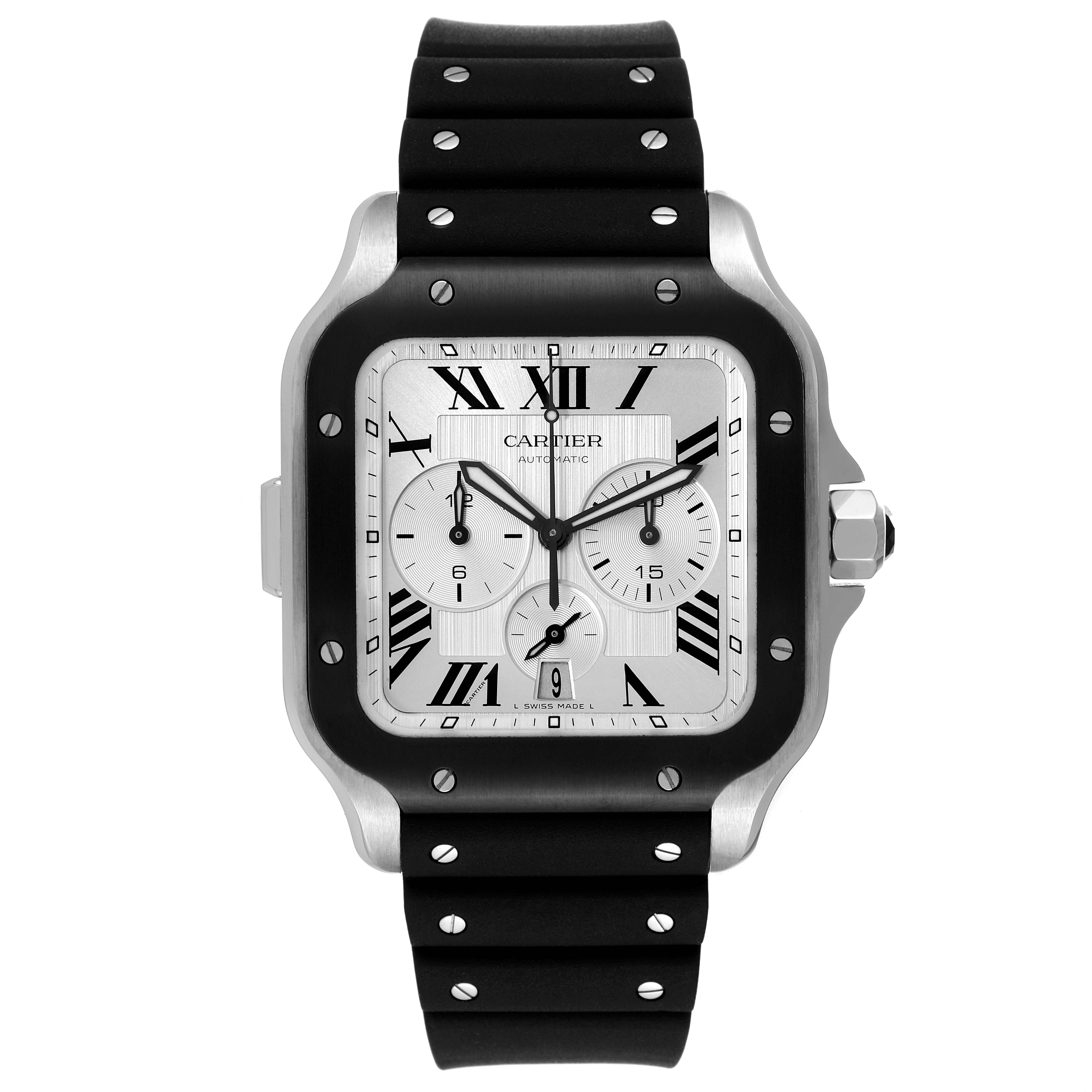 This image shows a front view of a Cartier Santos WSSA0017 Men
s Stainless Steel Silver Dial WSSA0017 Men
s Stainless Steel Silver Dial watch with a black strap and silver-toned square dial.