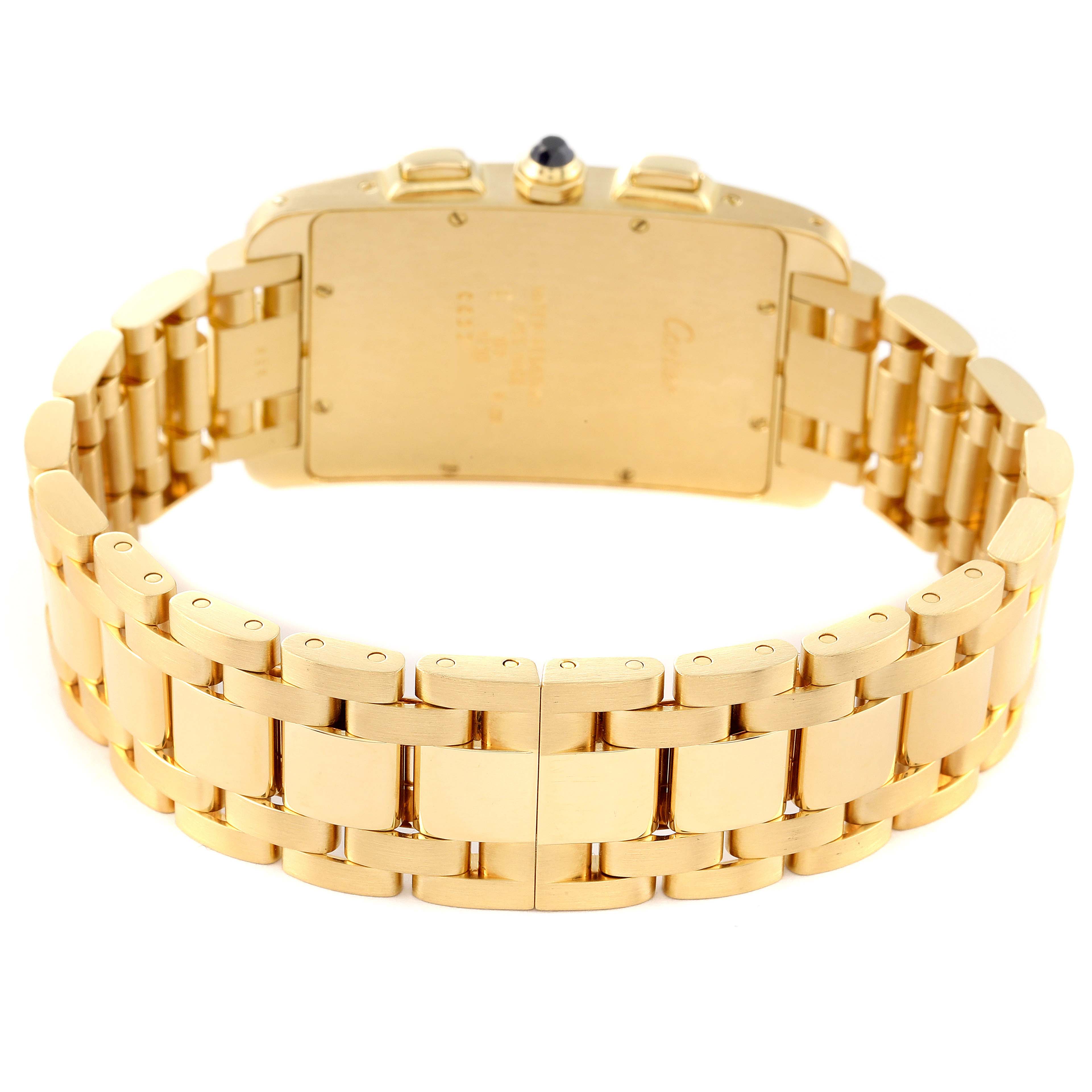 This image shows the Tank Americaine model by Cartier from the rear, highlighting its gold case and linked bracelet.