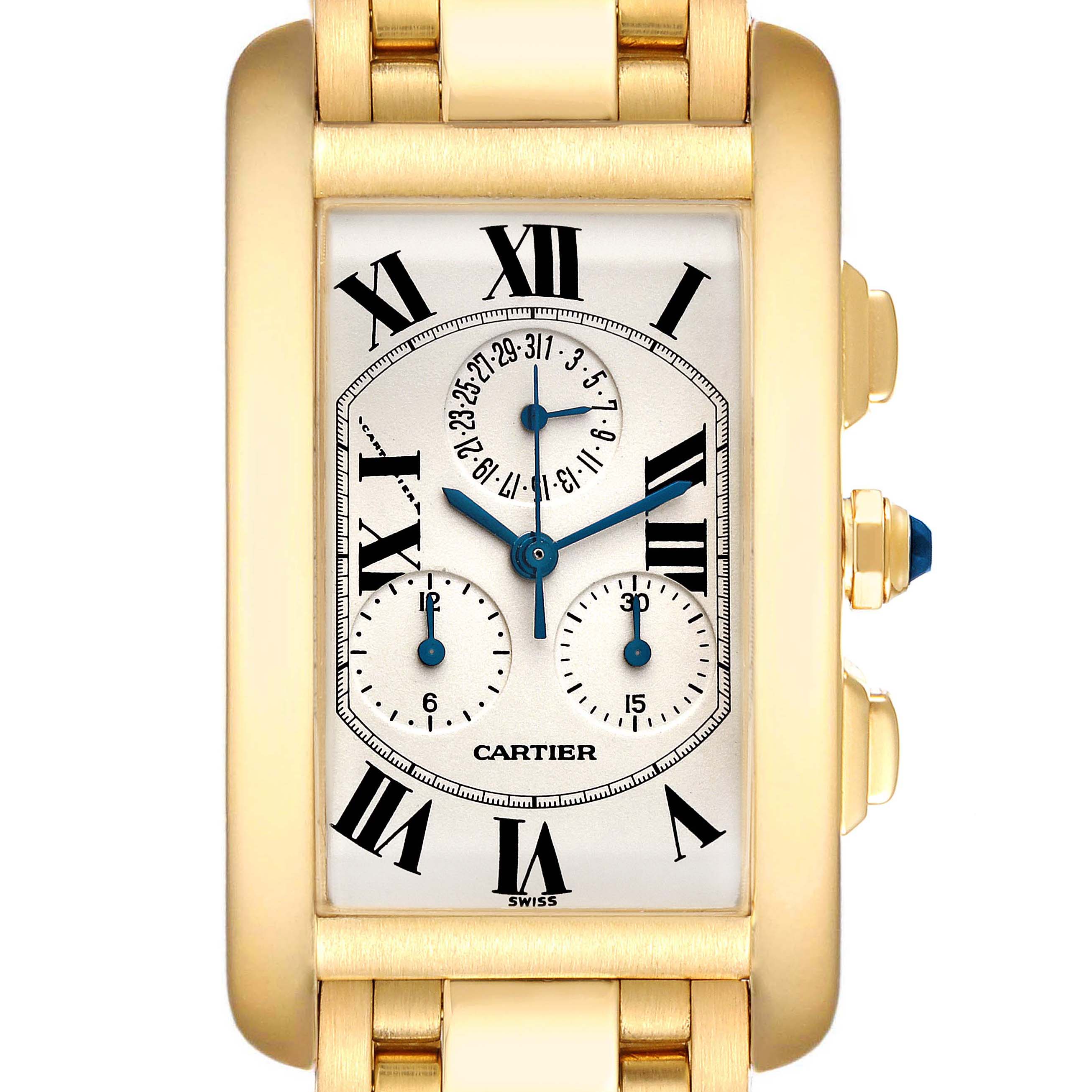 The image shows a frontal view of a Cartier Tank Americaine W2601156 Men's Yellow Gold Silver Dial W2601156 Men's Yellow Gold Silver Dial watch, highlighting the face, hands, and bracelet attachments.