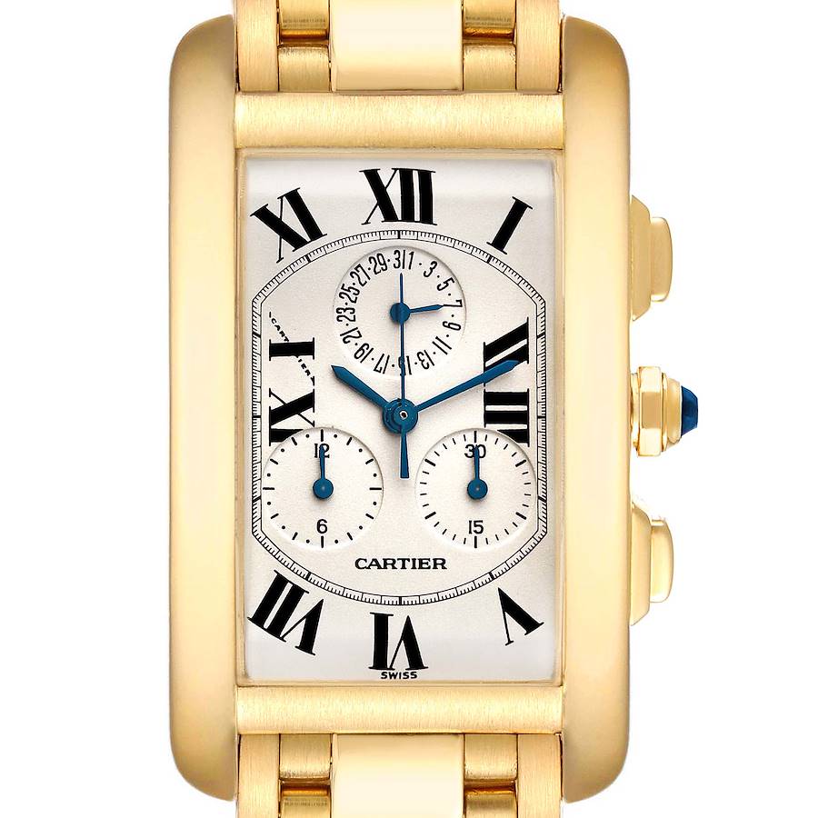 Cartier Tank Americaine Chronograph Yellow Gold Mens Watch W2601156 SwissWatchExpo