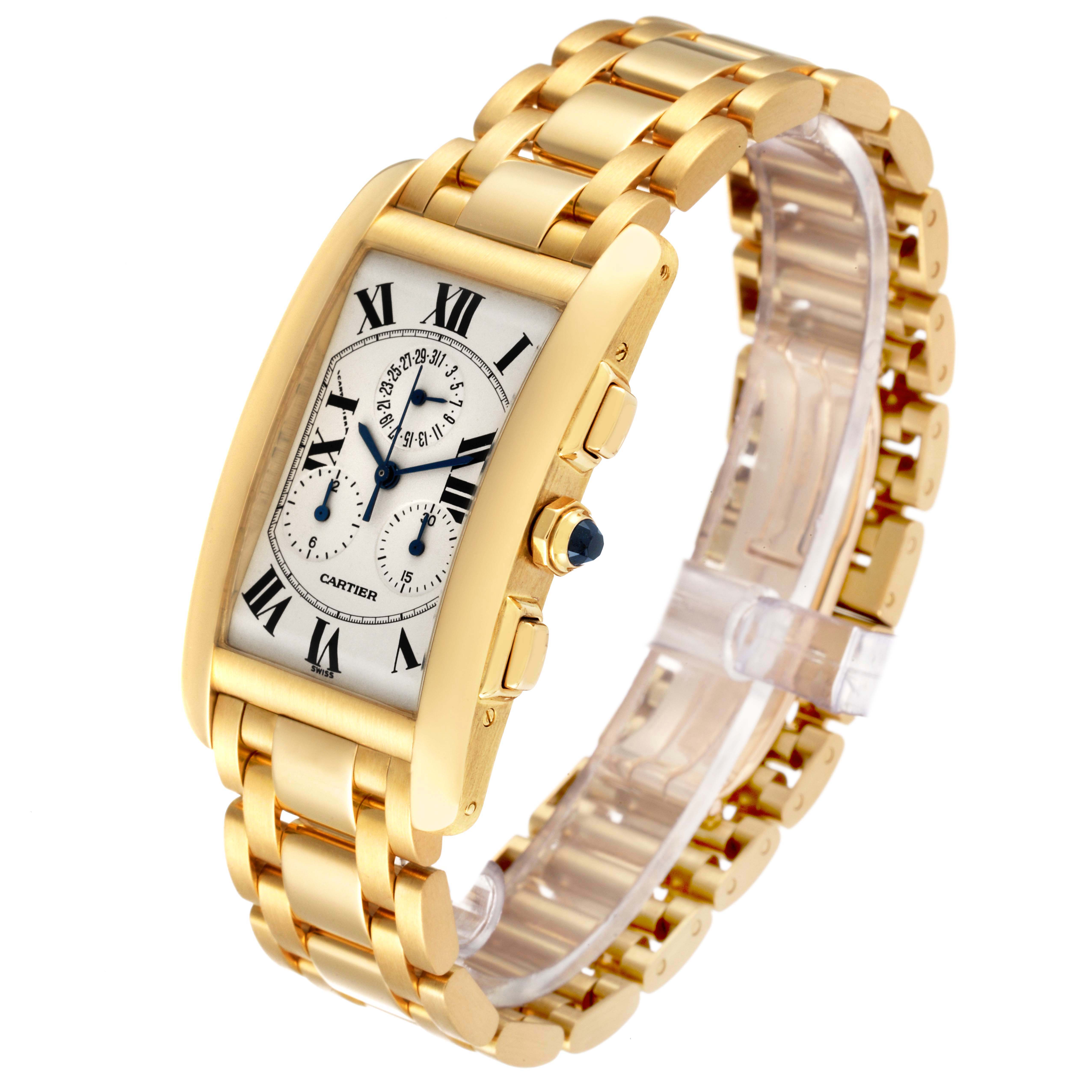 The Cartier Tank Americaine W2601156 Men's Yellow Gold Silver Dial W2601156 Men's Yellow Gold Silver Dial watch is shown at a three-quarter angle, highlighting its gold case, bracelet, and rectangular dial with Roman numerals.