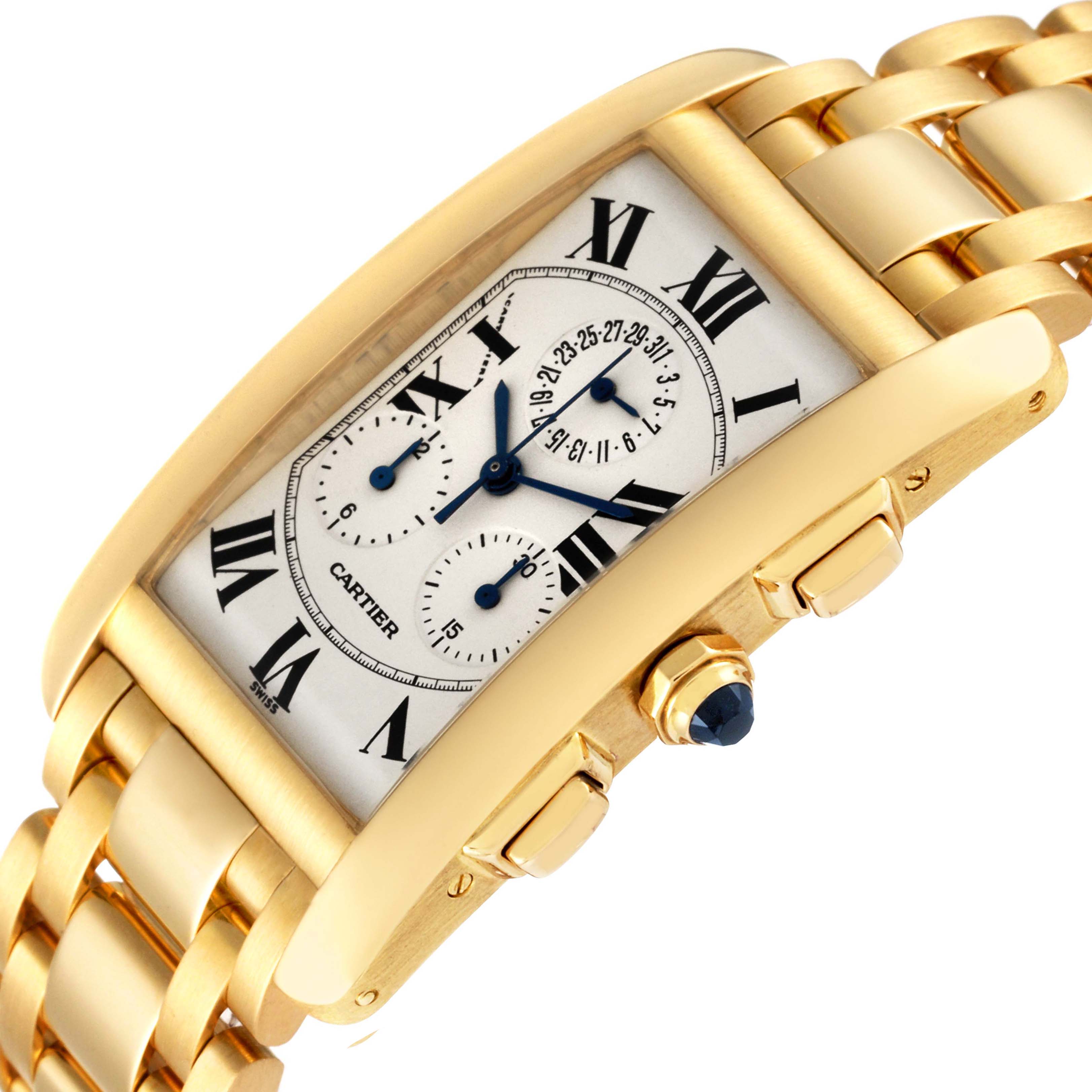 The Cartier Tank Americaine W2601156 Men's Yellow Gold Silver Dial W2601156 Men's Yellow Gold Silver Dial watch is shown at a tilted angle, highlighting its gold case, linked bracelet, and crown with a blue gem.