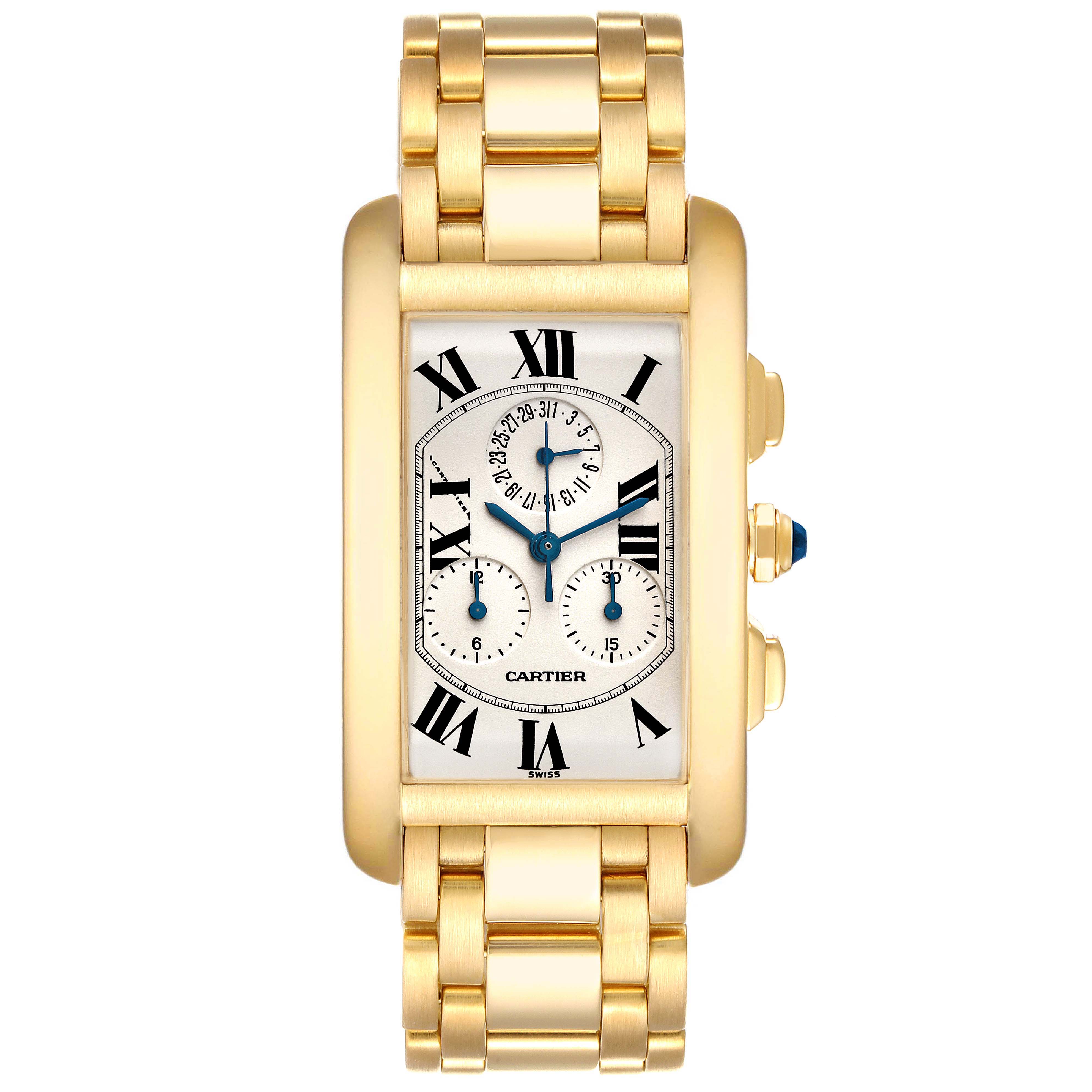 This image shows a frontal view of the Cartier Tank Americaine W2601156 Men's Yellow Gold Silver Dial W2601156 Men's Yellow Gold Silver Dial watch, highlighting its gold case, bracelet, and dials.