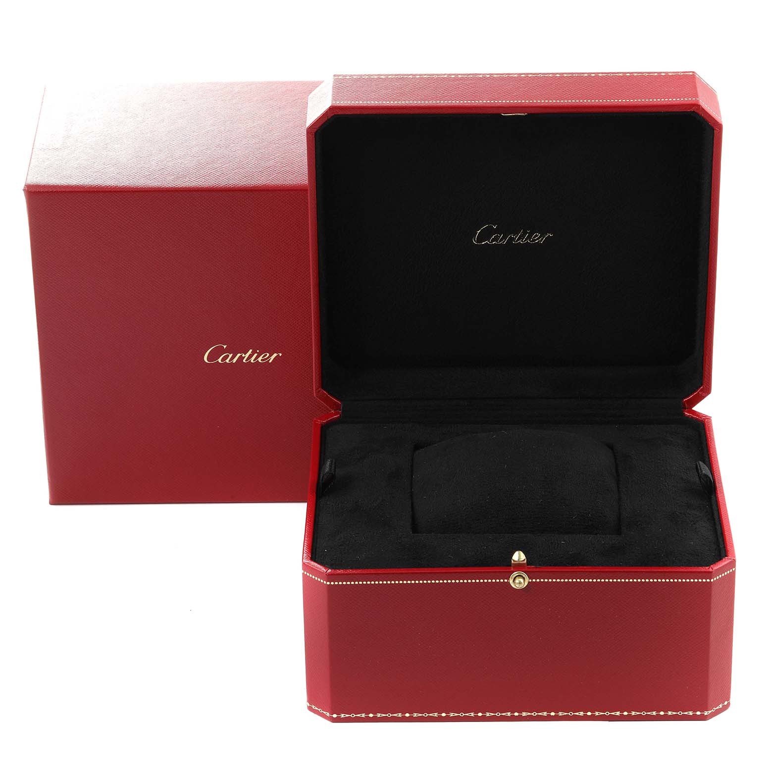 The image shows an open Cartier Tank Américaine watch box, displaying the interior cushion and branded lid.