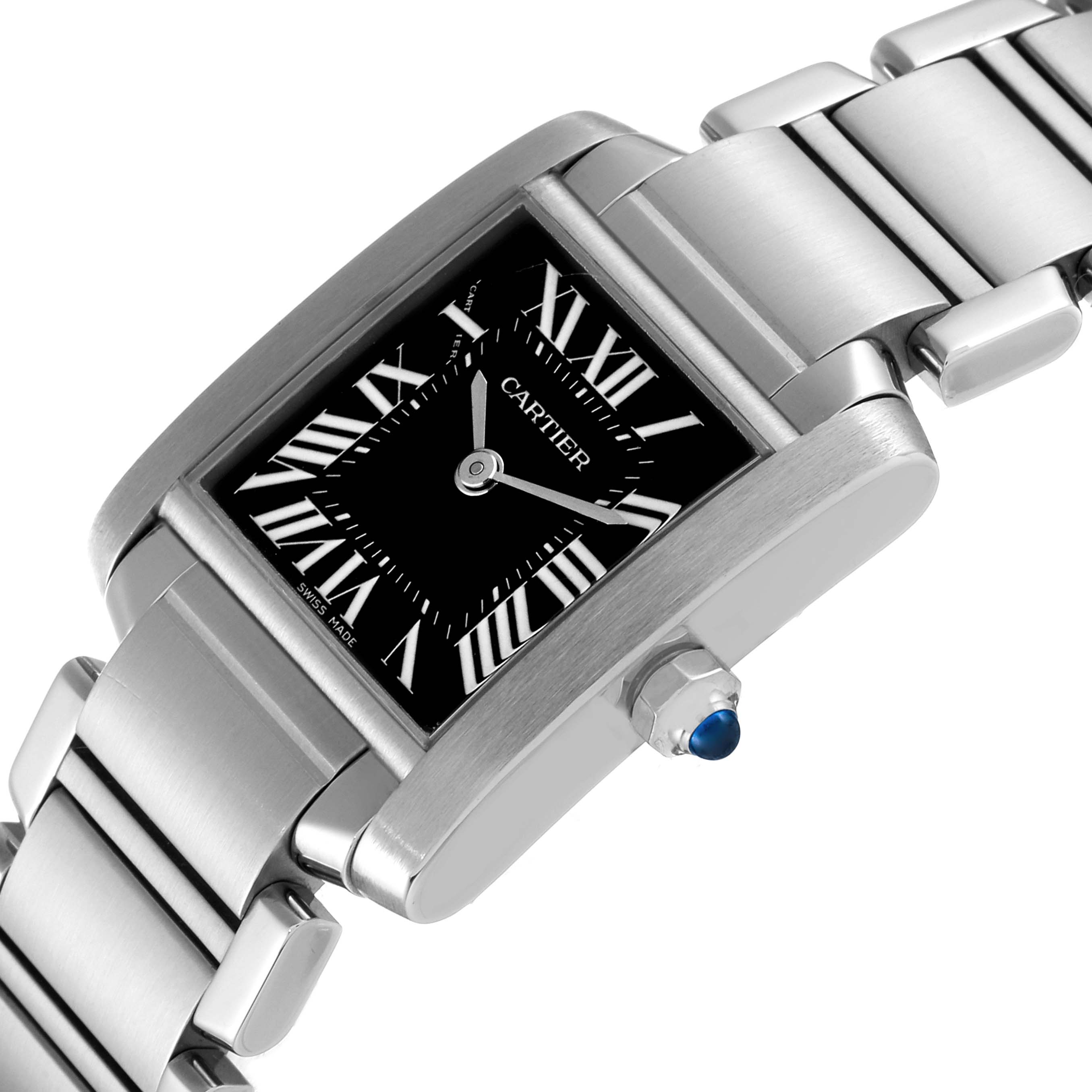 A close-up angle showing the dial, part of the bracelet, and the crown with a blue gem of the Cartier Tank Francaise W51026Q3 Women's Stainless Steel Black Dial W51026Q3 Women's Stainless Steel Black Dial watch.