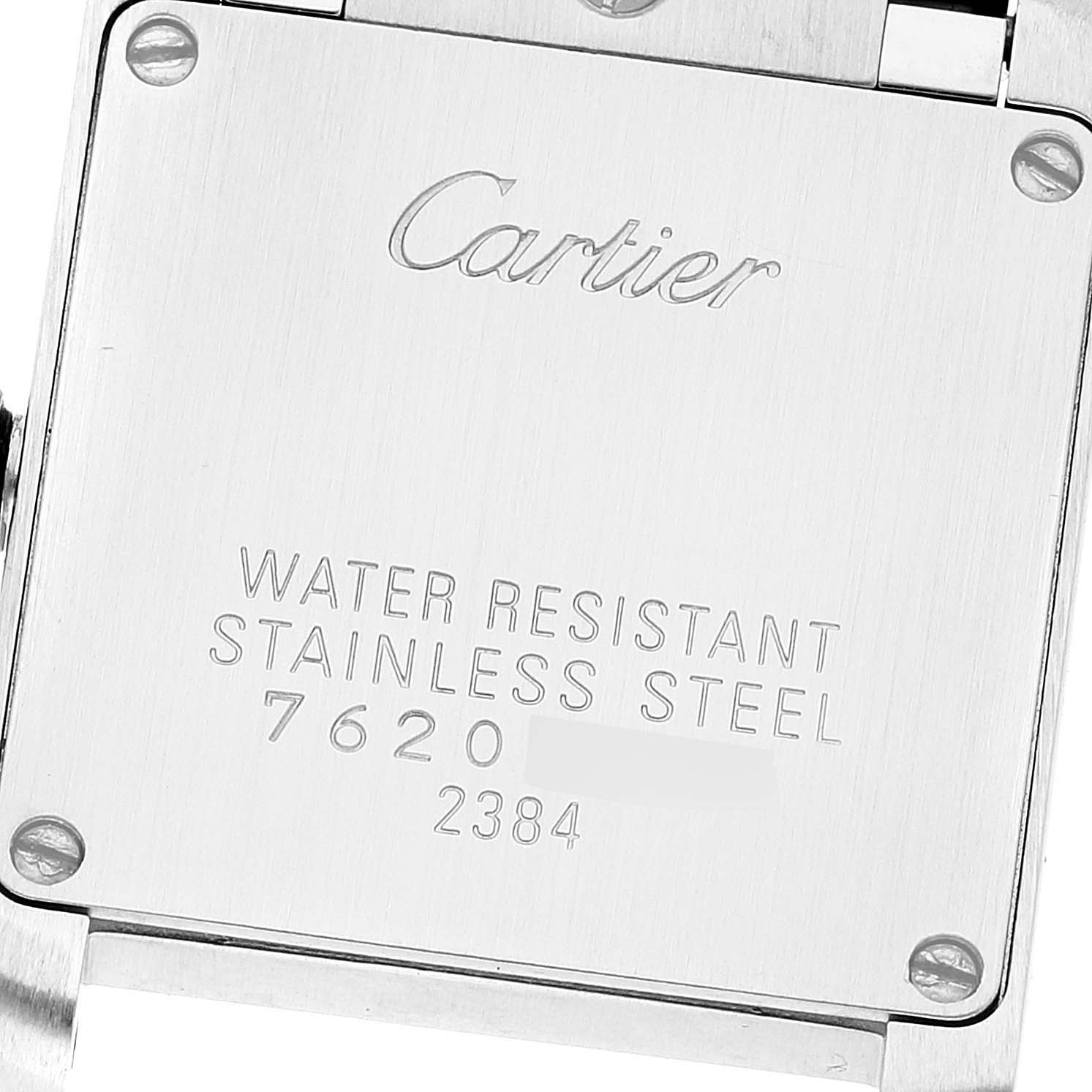 This image shows the back case of a Cartier Tank Française model watch, highlighting the brand logo and water resistance details.