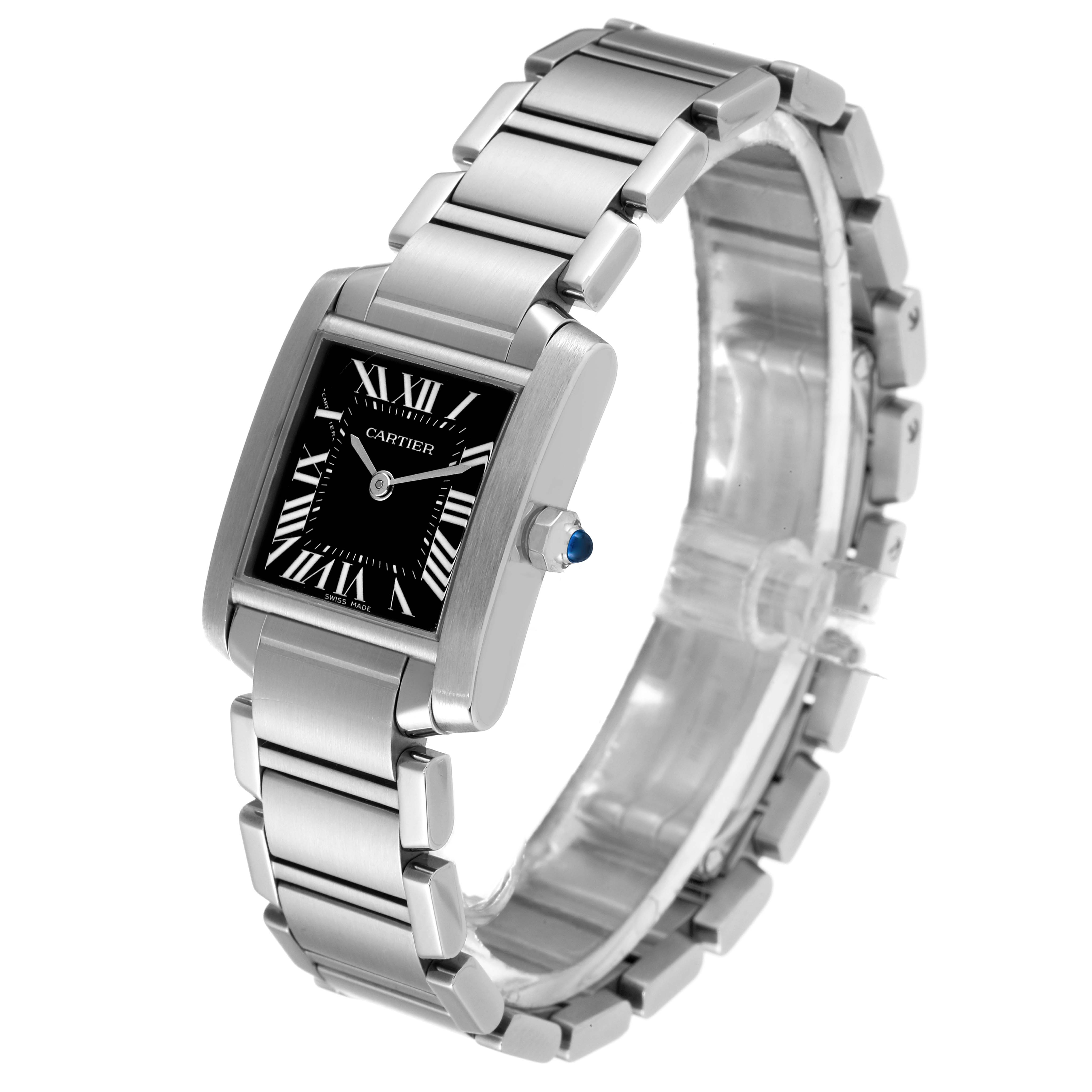 The Cartier Tank Francaise W51026Q3 Women's Stainless Steel Black Dial W51026Q3 Women's Stainless Steel Black Dial watch is shown at an angled view, featuring its metal bracelet and black Roman numeral dial.
